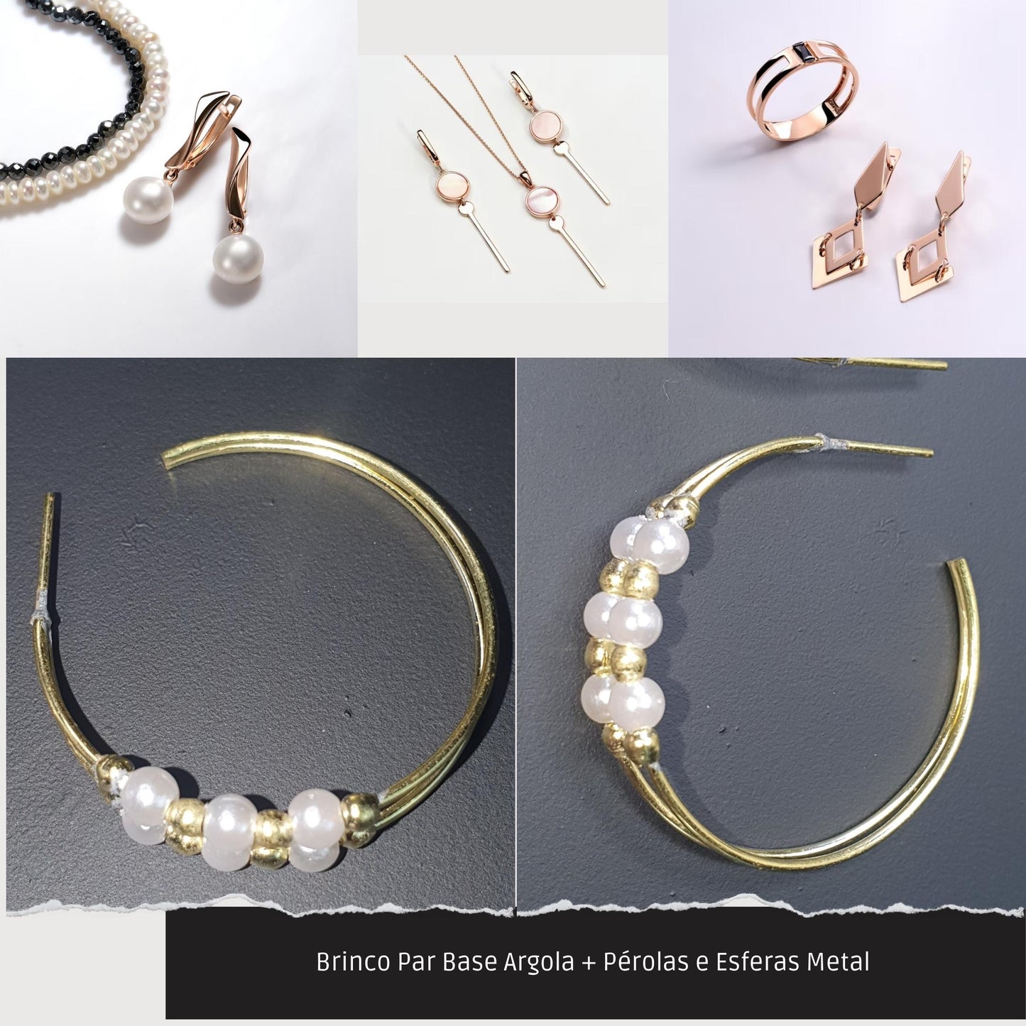 Brinco Par Base Argola + Pérolas e Esferas Metal   - Código.: BR230026AIBR  - Peso.: 3.8 gr