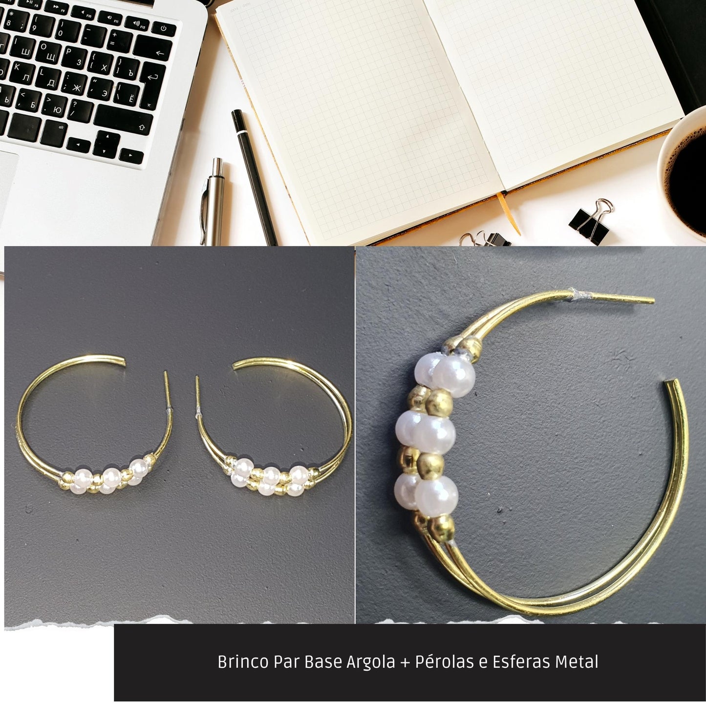 Brinco Par Base Argola + Pérolas e Esferas Metal   - Código.: BR230026AIBR  - Peso.: 3.8 gr