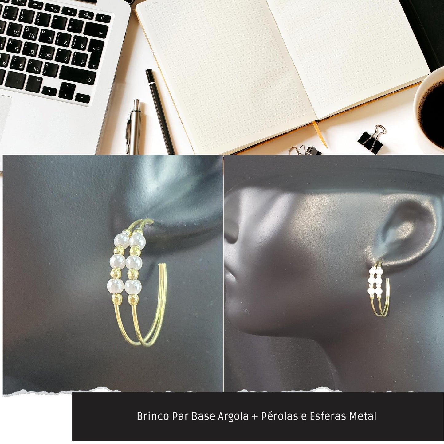 Brinco Par Base Argola + Pérolas e Esferas Metal   - Código.: BR230026AIBR  - Peso.: 3.8 gr