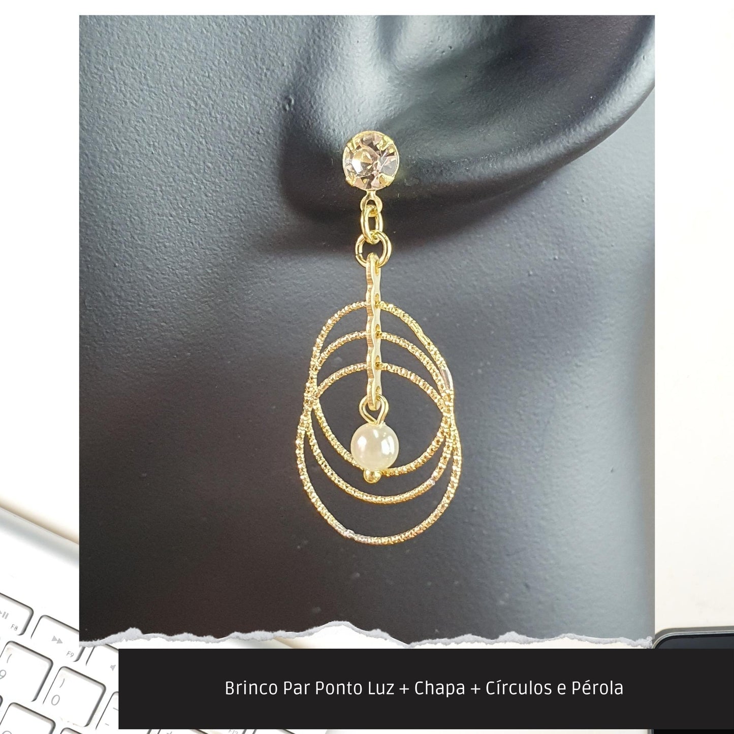 Brinco Par Ponto Luz + Chapa + Círculos e Pérola   - Código.: BR230027AIBR  - Peso.: 2.8 gr