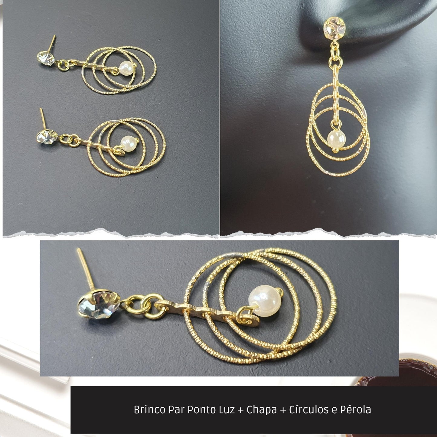 Brinco Par Ponto Luz + Chapa + Círculos e Pérola   - Código.: BR230027AIBR  - Peso.: 2.8 gr