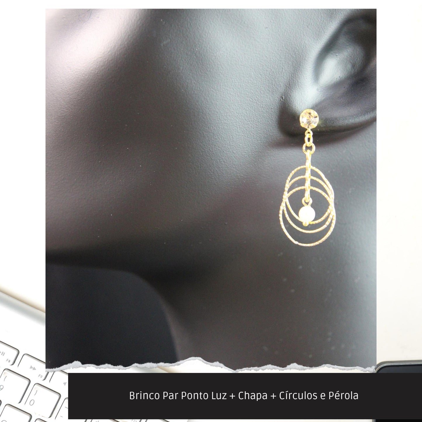 Brinco Par Ponto Luz + Chapa + Círculos e Pérola   - Código.: BR230027AIBR  - Peso.: 2.8 gr