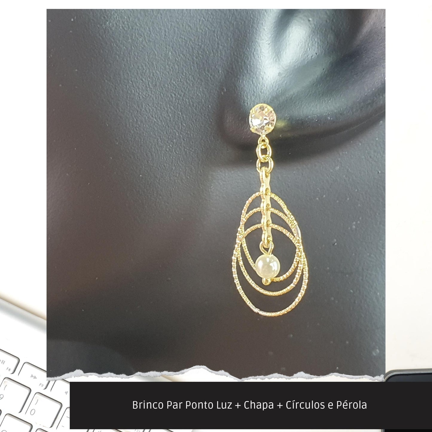 Brinco Par Ponto Luz + Chapa + Círculos e Pérola   - Código.: BR230027AIBR  - Peso.: 2.8 gr