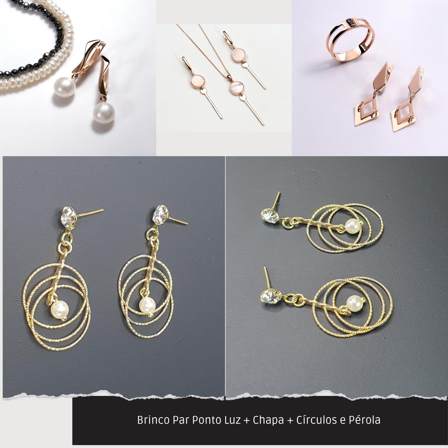 Brinco Par Ponto Luz + Chapa + Círculos e Pérola   - Código.: BR230027AIBR  - Peso.: 2.8 gr