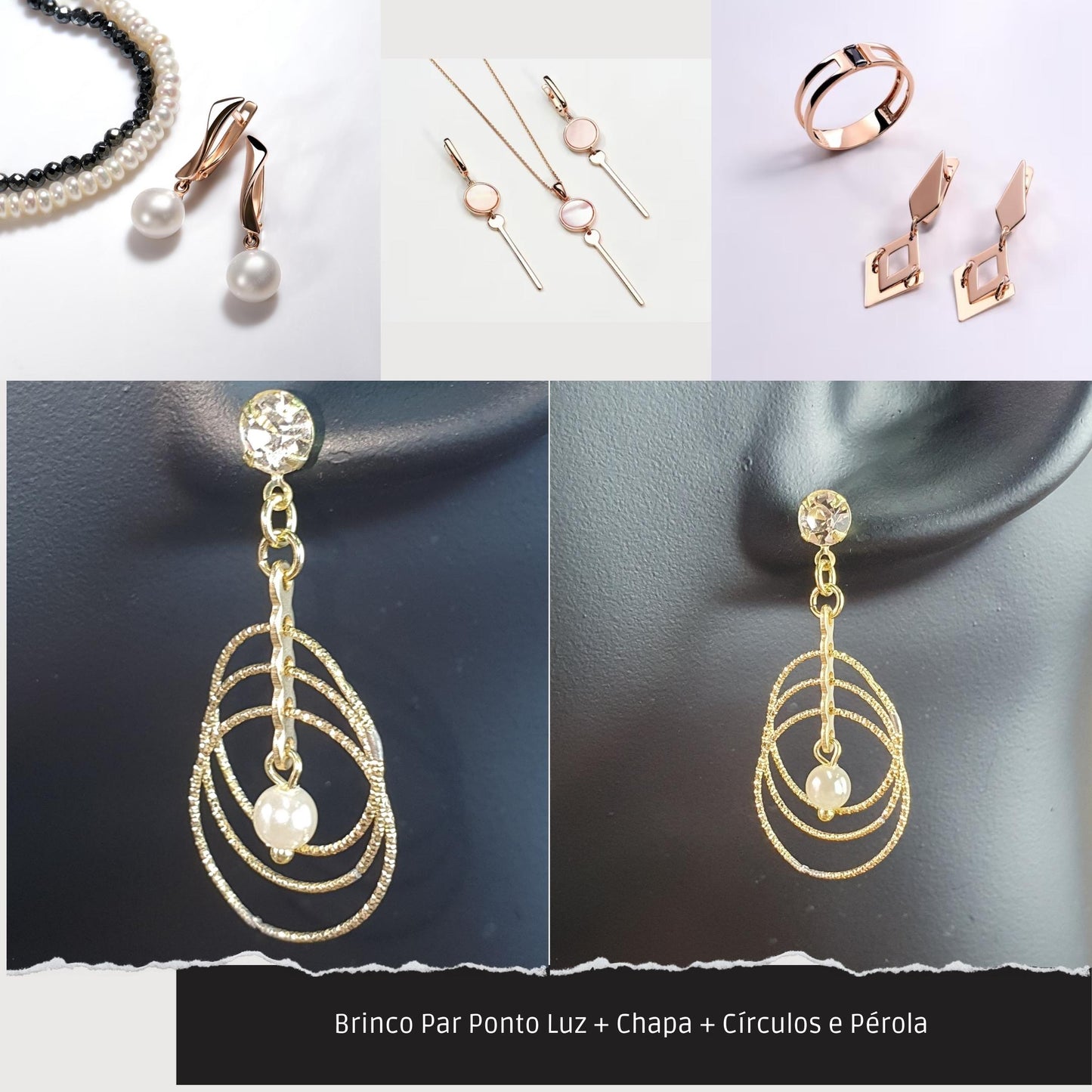 Brinco Par Ponto Luz + Chapa + Círculos e Pérola   - Código.: BR230027AIBR  - Peso.: 2.8 gr