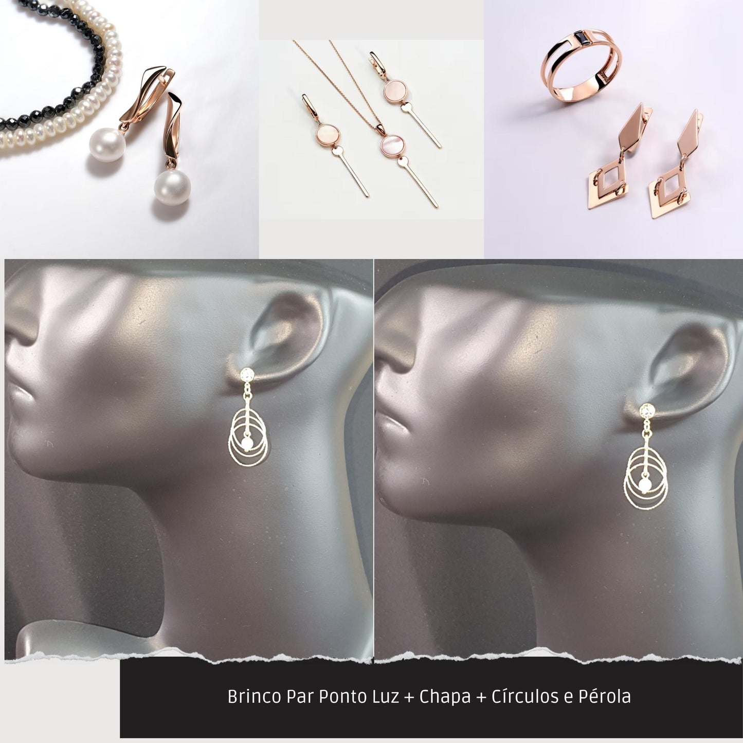 Brinco Par Ponto Luz + Chapa + Círculos e Pérola   - Código.: BR230027AIBR  - Peso.: 2.8 gr