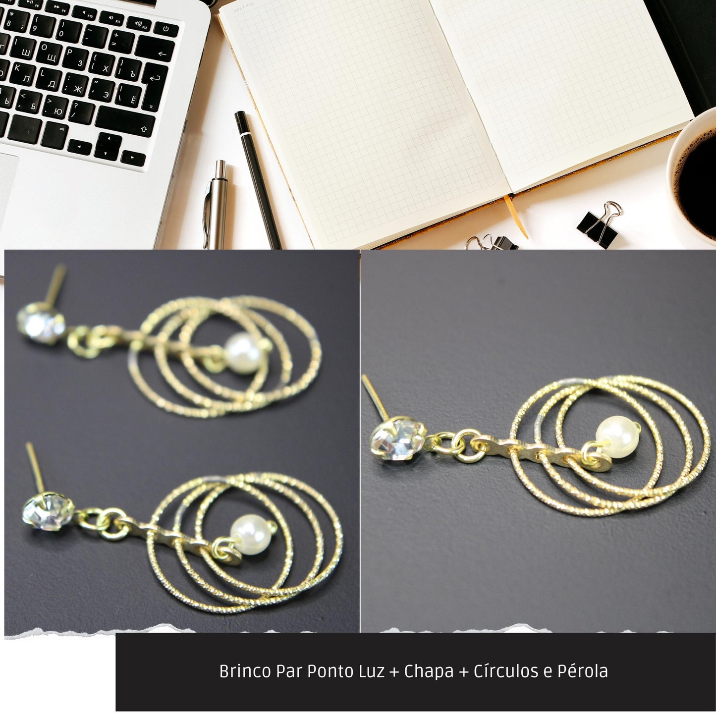 Brinco Par Ponto Luz + Chapa + Círculos e Pérola   - Código.: BR230027AIBR  - Peso.: 2.8 gr