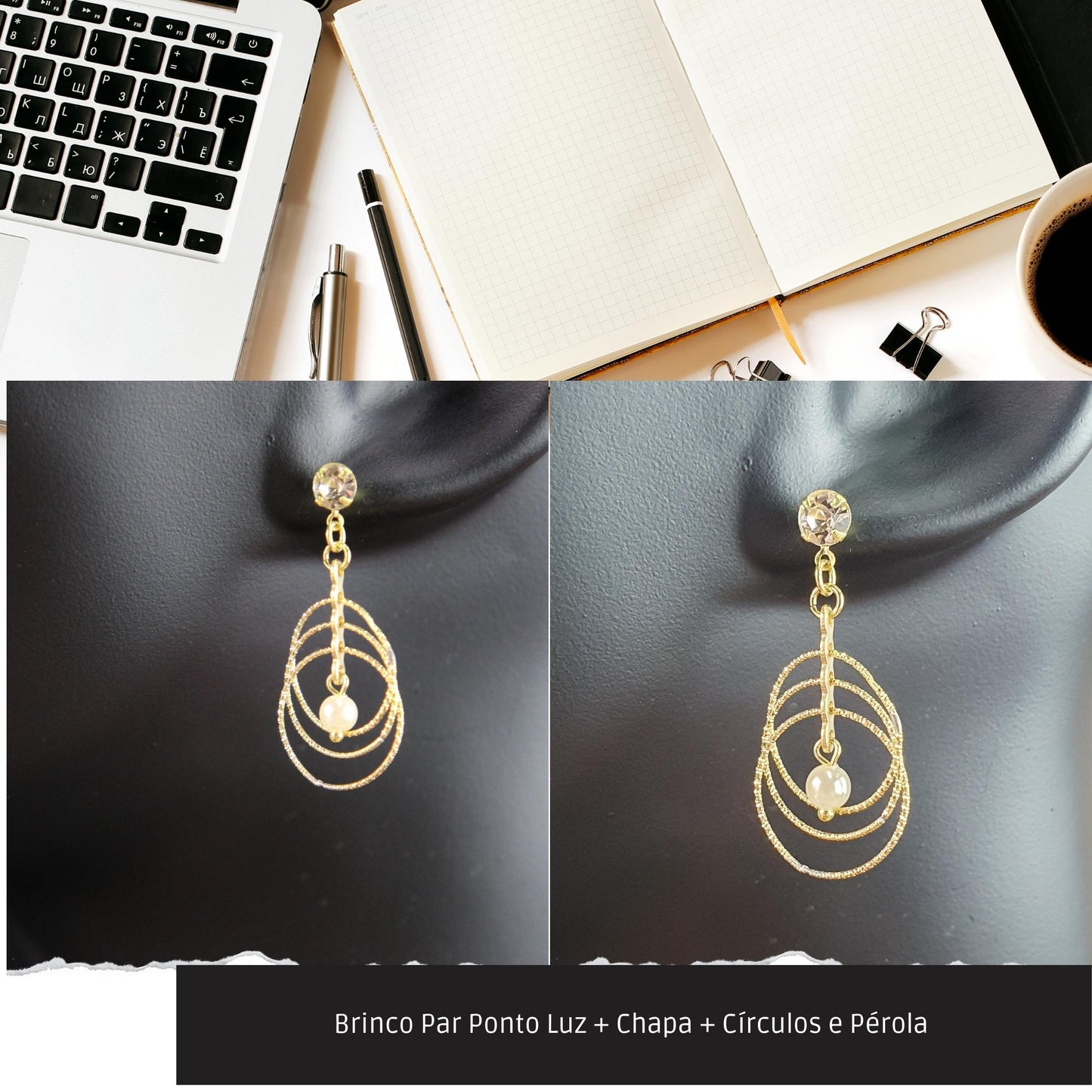 Brinco Par Ponto Luz + Chapa + Círculos e Pérola   - Código.: BR230027AIBR  - Peso.: 2.8 gr