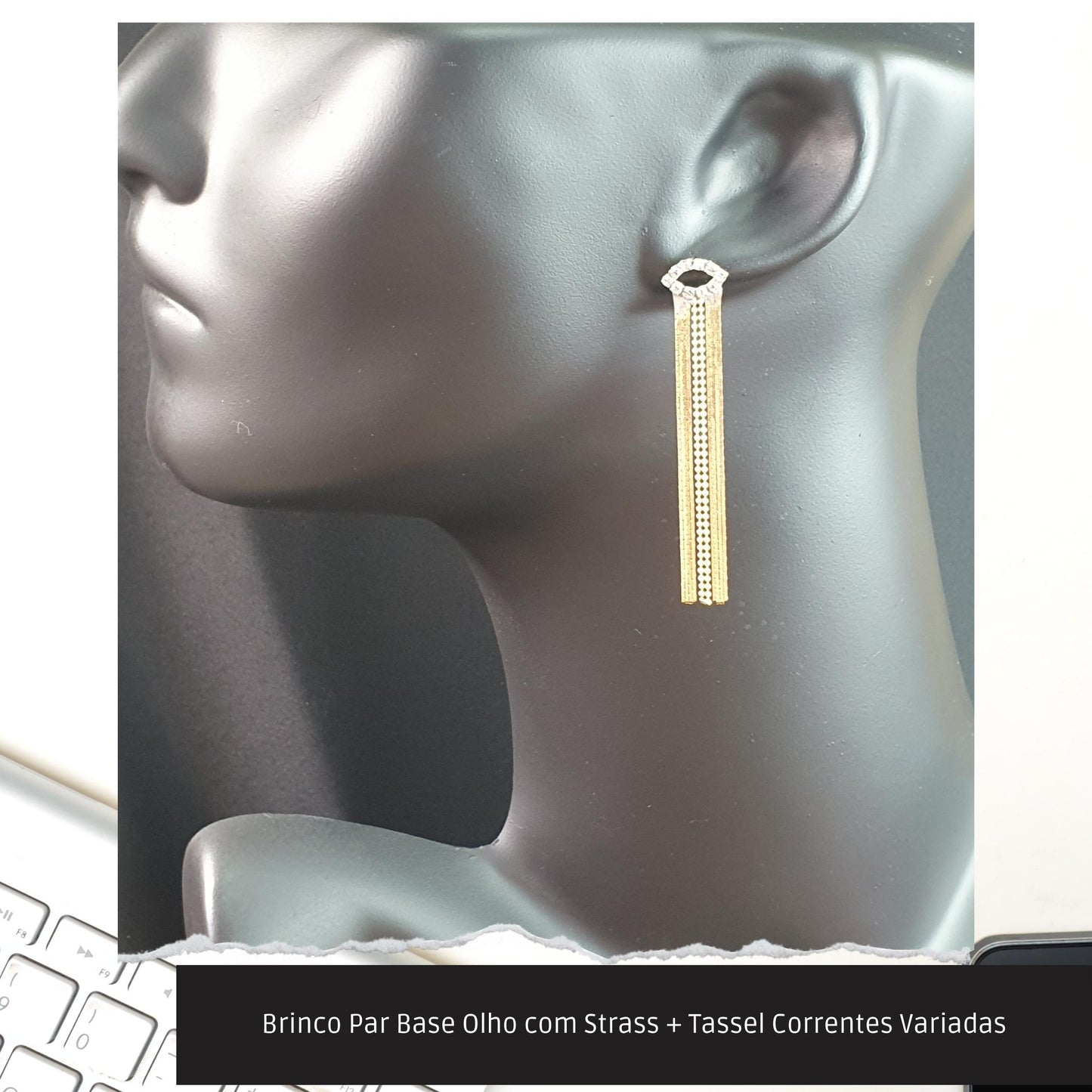 Brinco Par Base Olho com Strass + Tassel Correntes Variadas  - Código.: BR230029AIBR  - Peso.: 5.1 gr