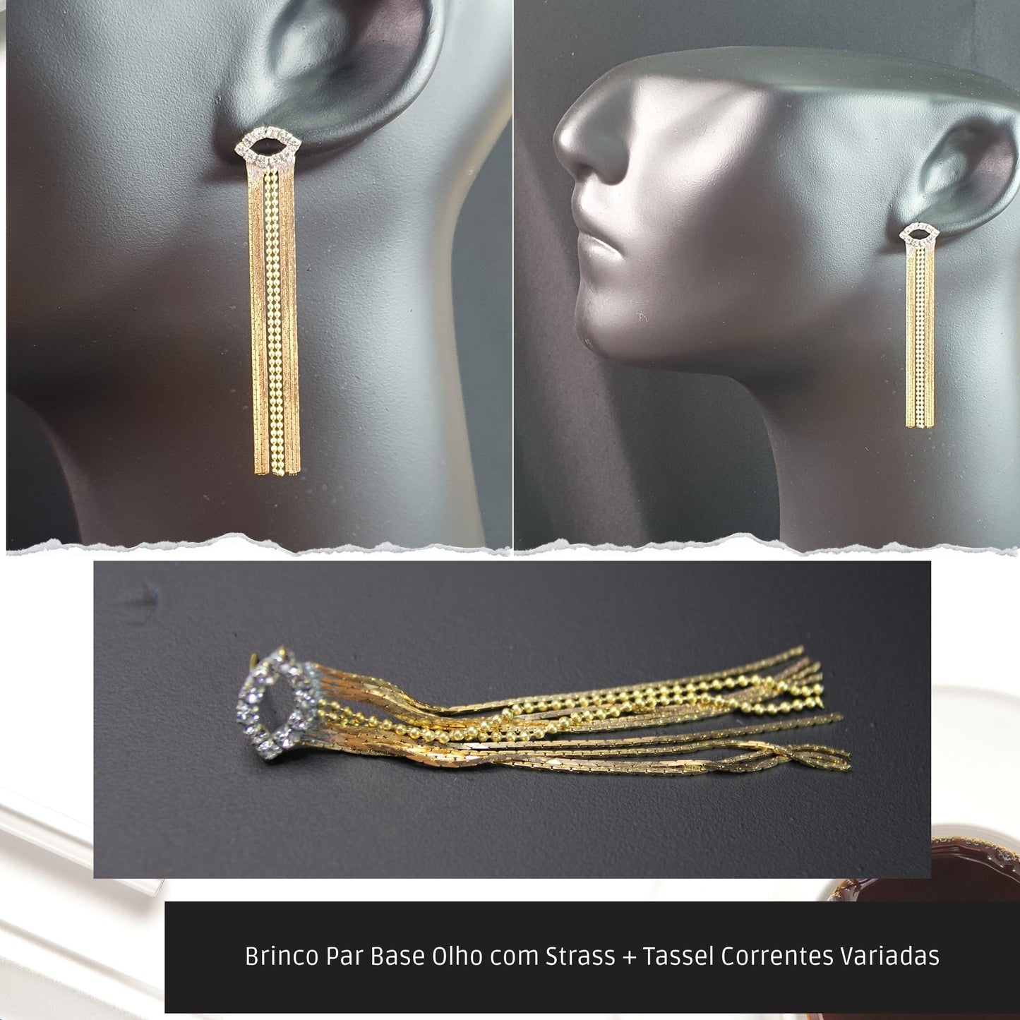 Brinco Par Base Olho com Strass + Tassel Correntes Variadas  - Código.: BR230029AIBR  - Peso.: 5.1 gr