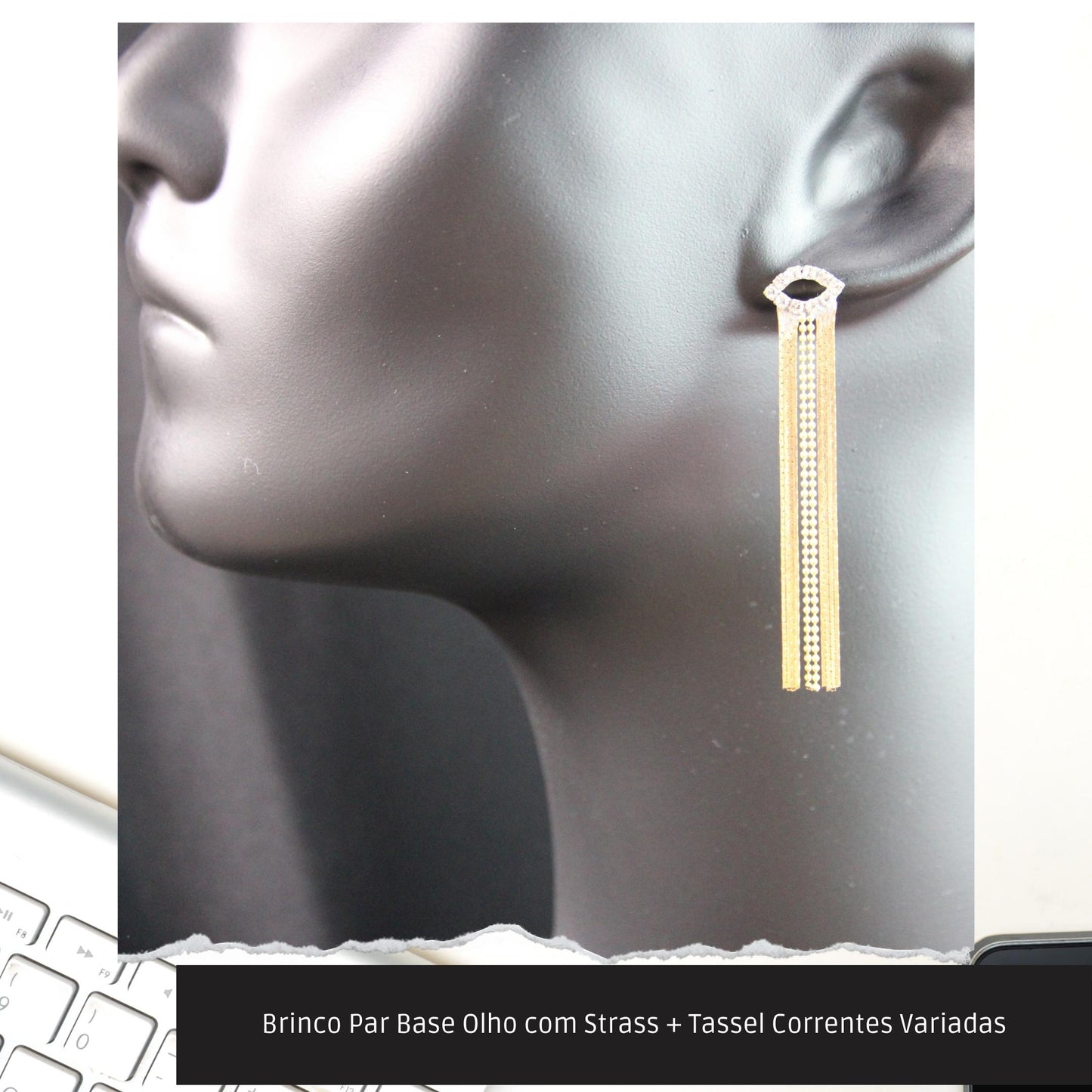 Brinco Par Base Olho com Strass + Tassel Correntes Variadas  - Código.: BR230029AIBR  - Peso.: 5.1 gr