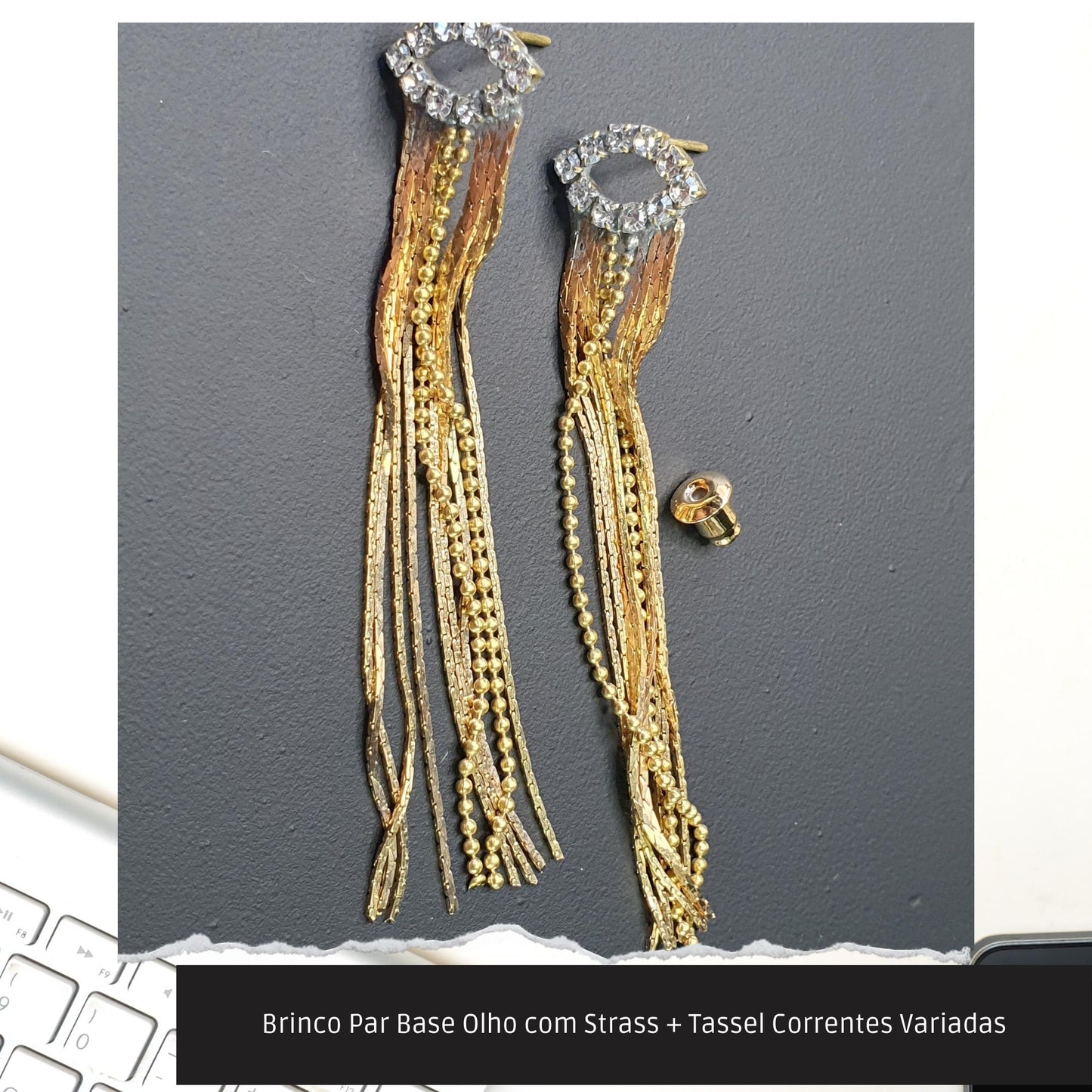 Brinco Par Base Olho com Strass + Tassel Correntes Variadas  - Código.: BR230029AIBR  - Peso.: 5.1 gr