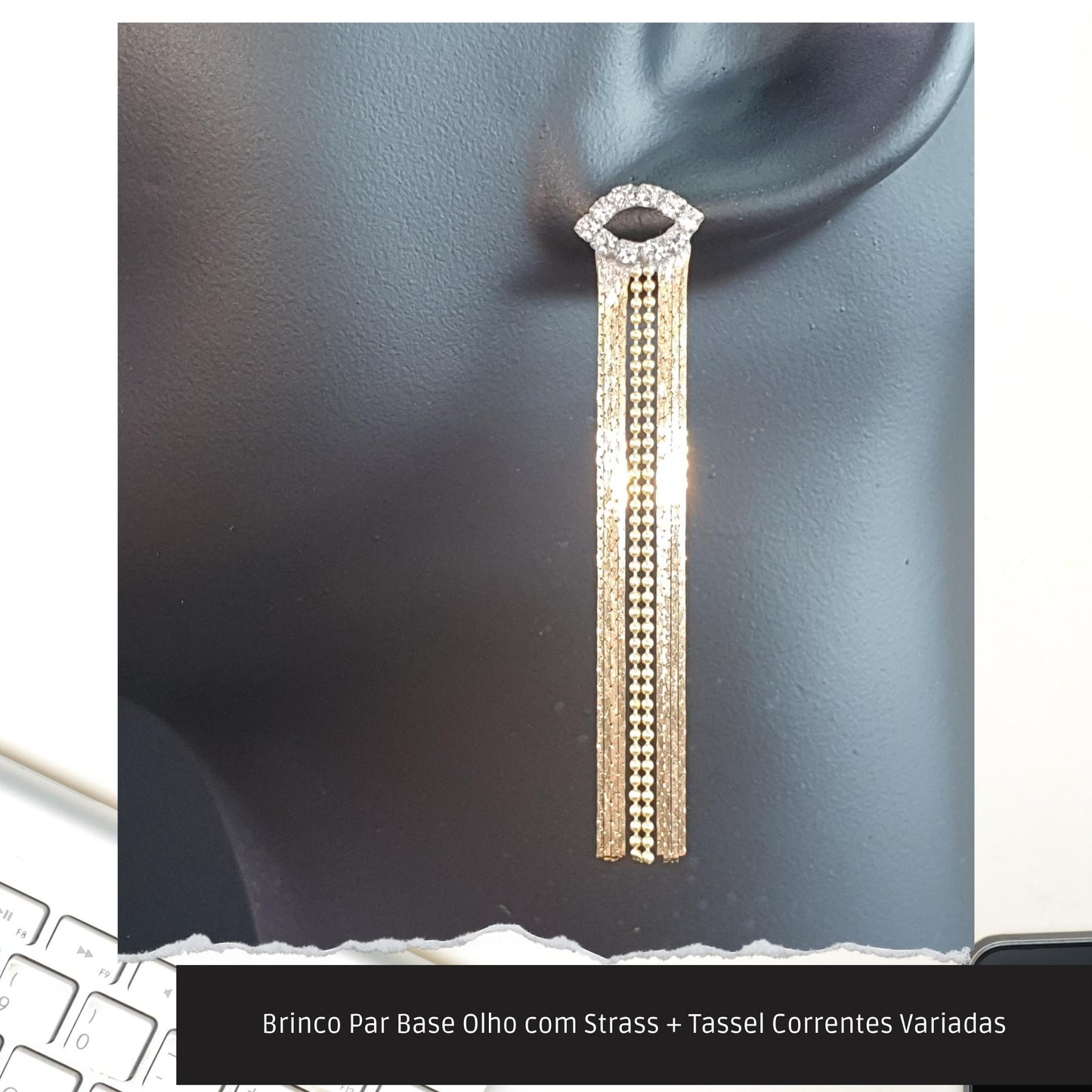 Brinco Par Base Olho com Strass + Tassel Correntes Variadas  - Código.: BR230029AIBR  - Peso.: 5.1 gr