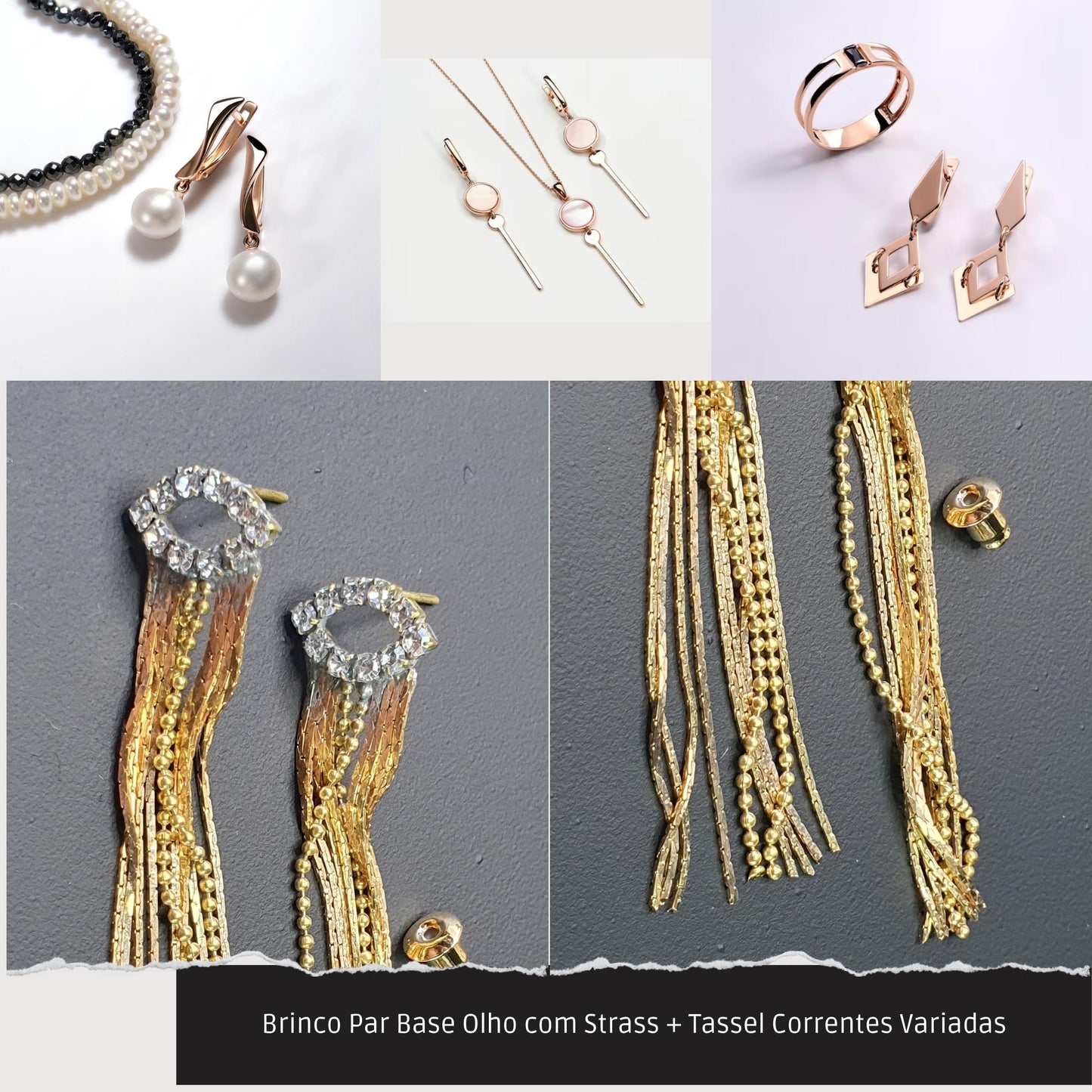 Brinco Par Base Olho com Strass + Tassel Correntes Variadas  - Código.: BR230029AIBR  - Peso.: 5.1 gr