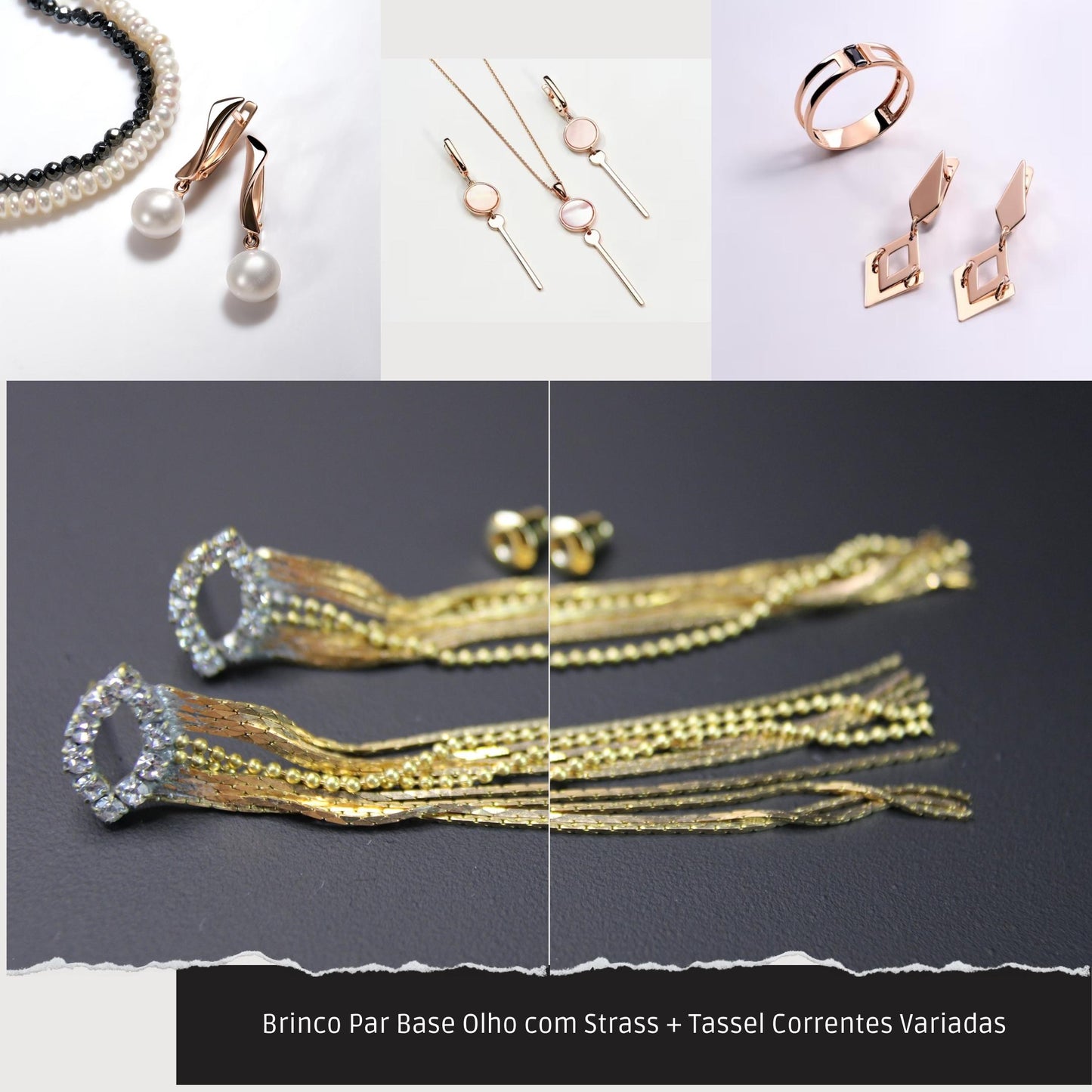 Brinco Par Base Olho com Strass + Tassel Correntes Variadas  - Código.: BR230029AIBR  - Peso.: 5.1 gr