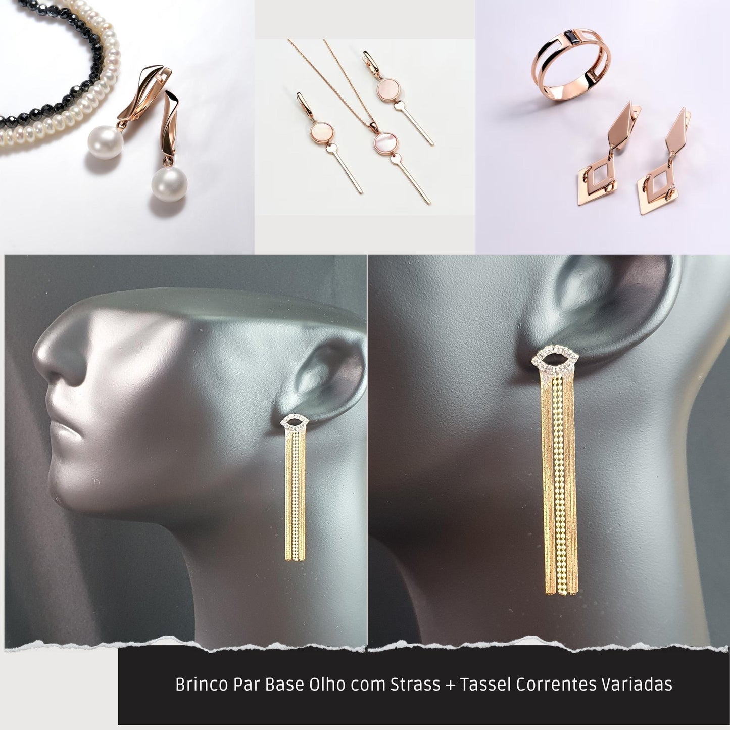 Brinco Par Base Olho com Strass + Tassel Correntes Variadas  - Código.: BR230029AIBR  - Peso.: 5.1 gr