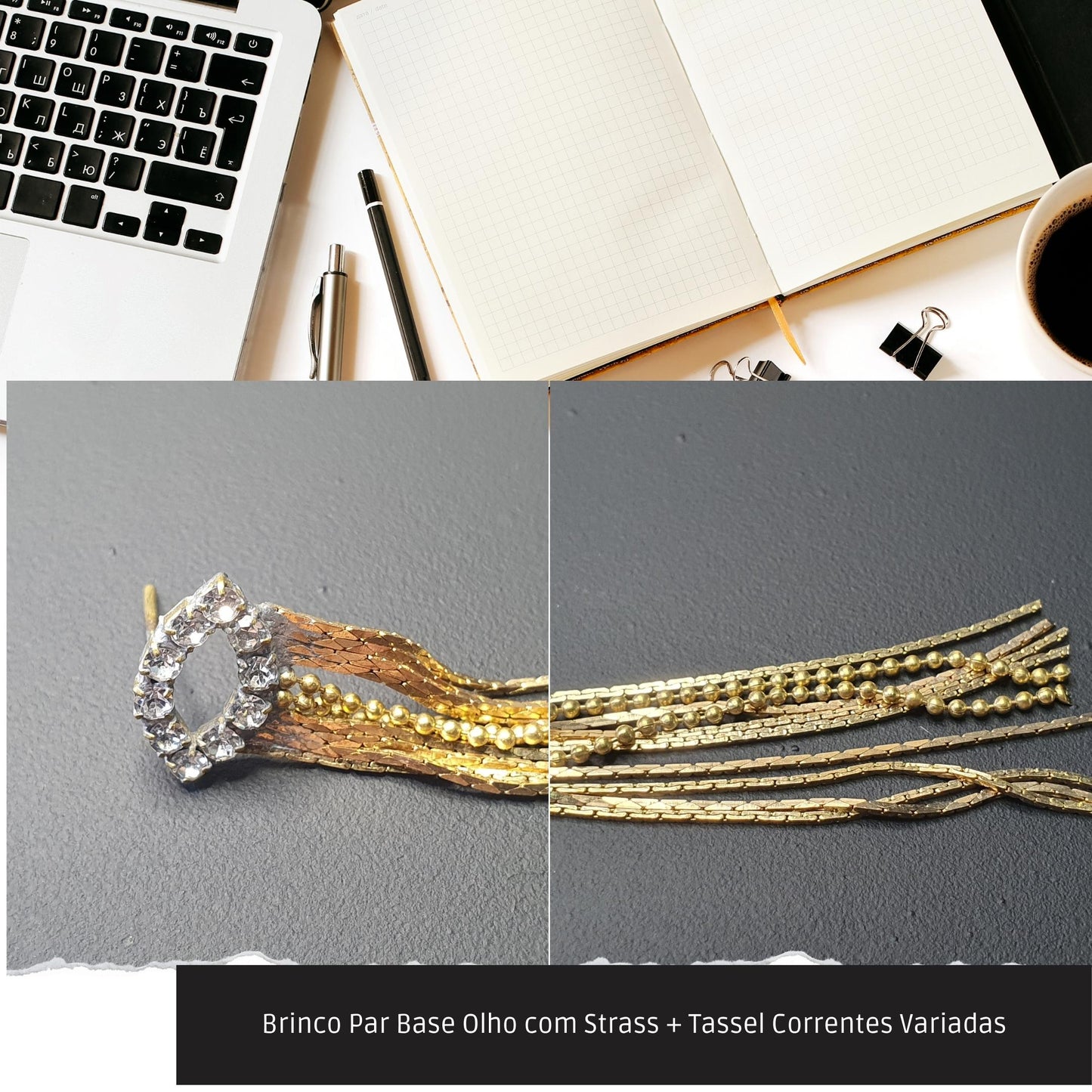 Brinco Par Base Olho com Strass + Tassel Correntes Variadas  - Código.: BR230029AIBR  - Peso.: 5.1 gr