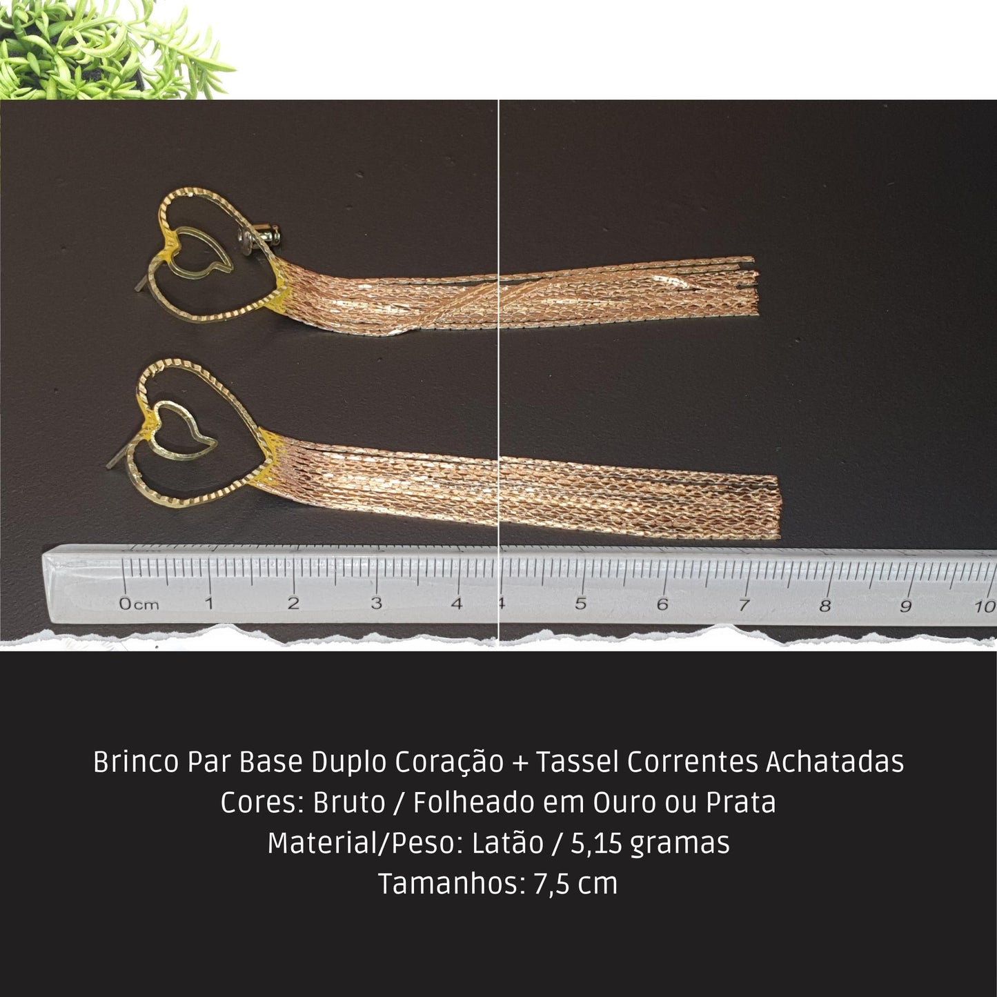 Brinco Par Base Duplo Coração + Tassel Correntes Achatadas  - Código.: BR230030AIBR  - Peso.: 5.2 gr