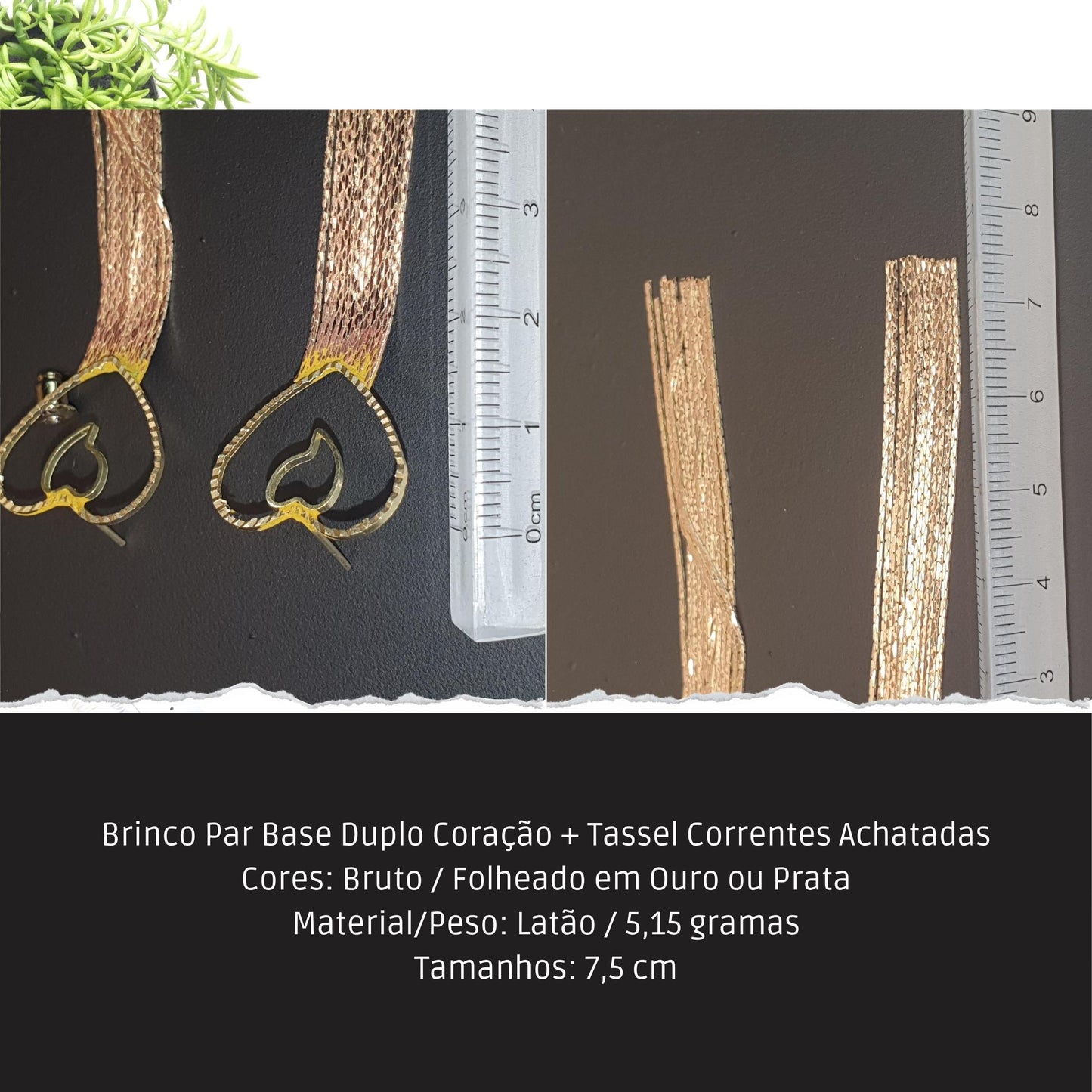Brinco Par Base Duplo Coração + Tassel Correntes Achatadas  - Código.: BR230030AIBR  - Peso.: 5.2 gr