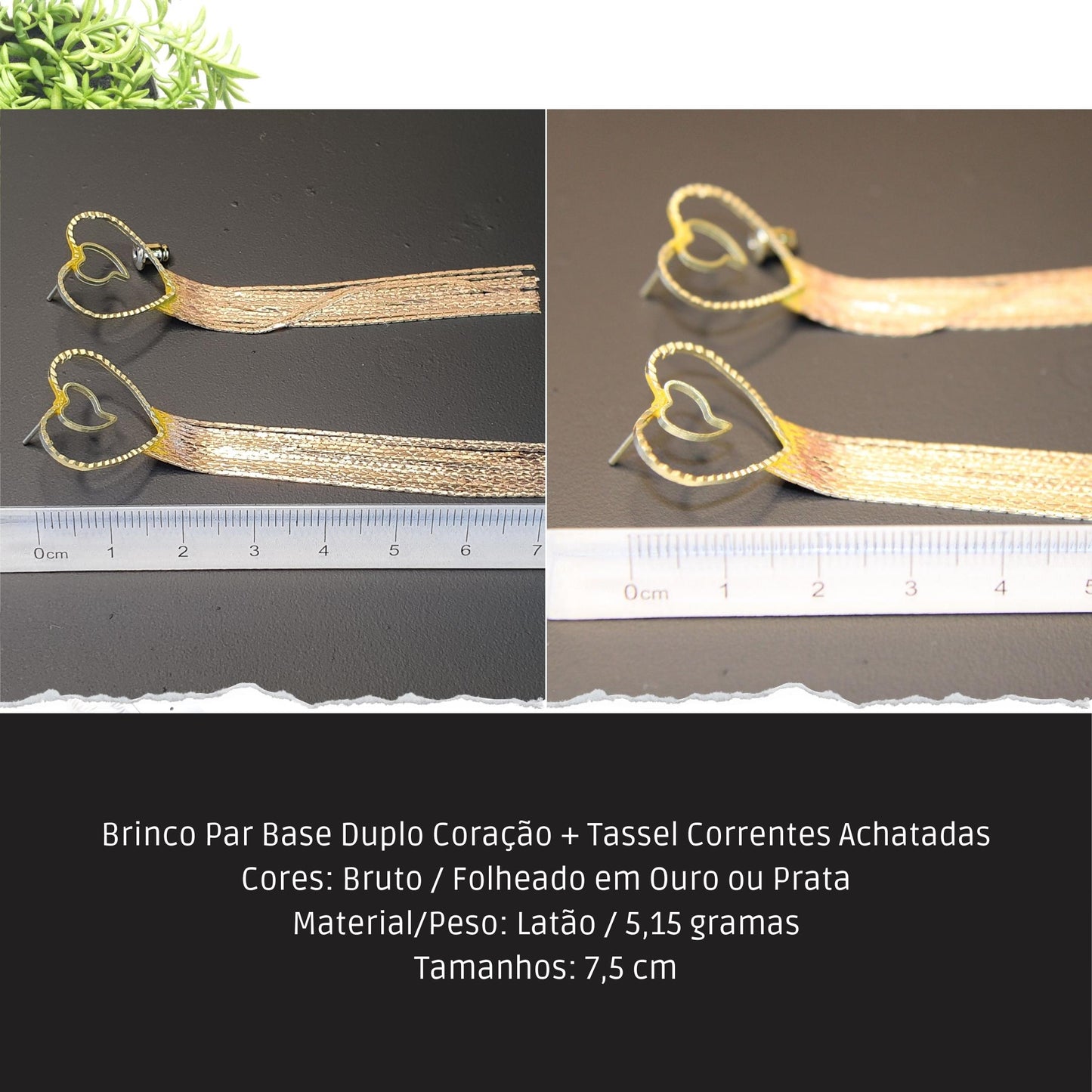 Brinco Par Base Duplo Coração + Tassel Correntes Achatadas  - Código.: BR230030AIBR  - Peso.: 5.2 gr