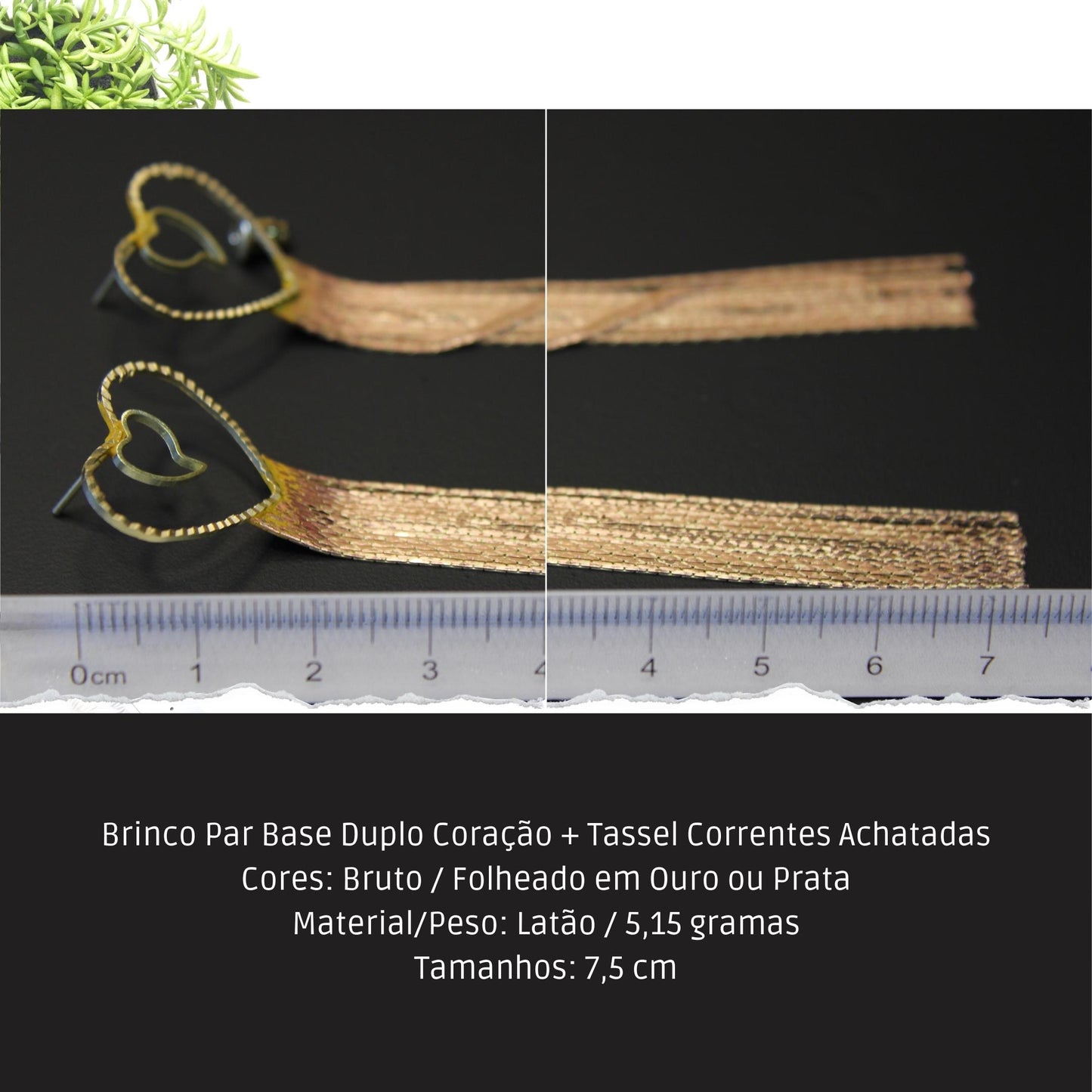 Brinco Par Base Duplo Coração + Tassel Correntes Achatadas  - Código.: BR230030AIBR  - Peso.: 5.2 gr