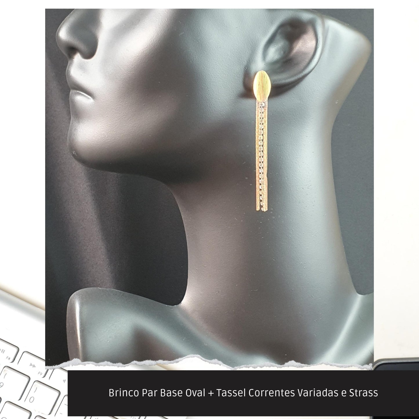 Brinco Par Base Oval + Tassel Correntes Variadas e Strass  - Código.: BR230032AIBR  - Peso.: 4.5 gr