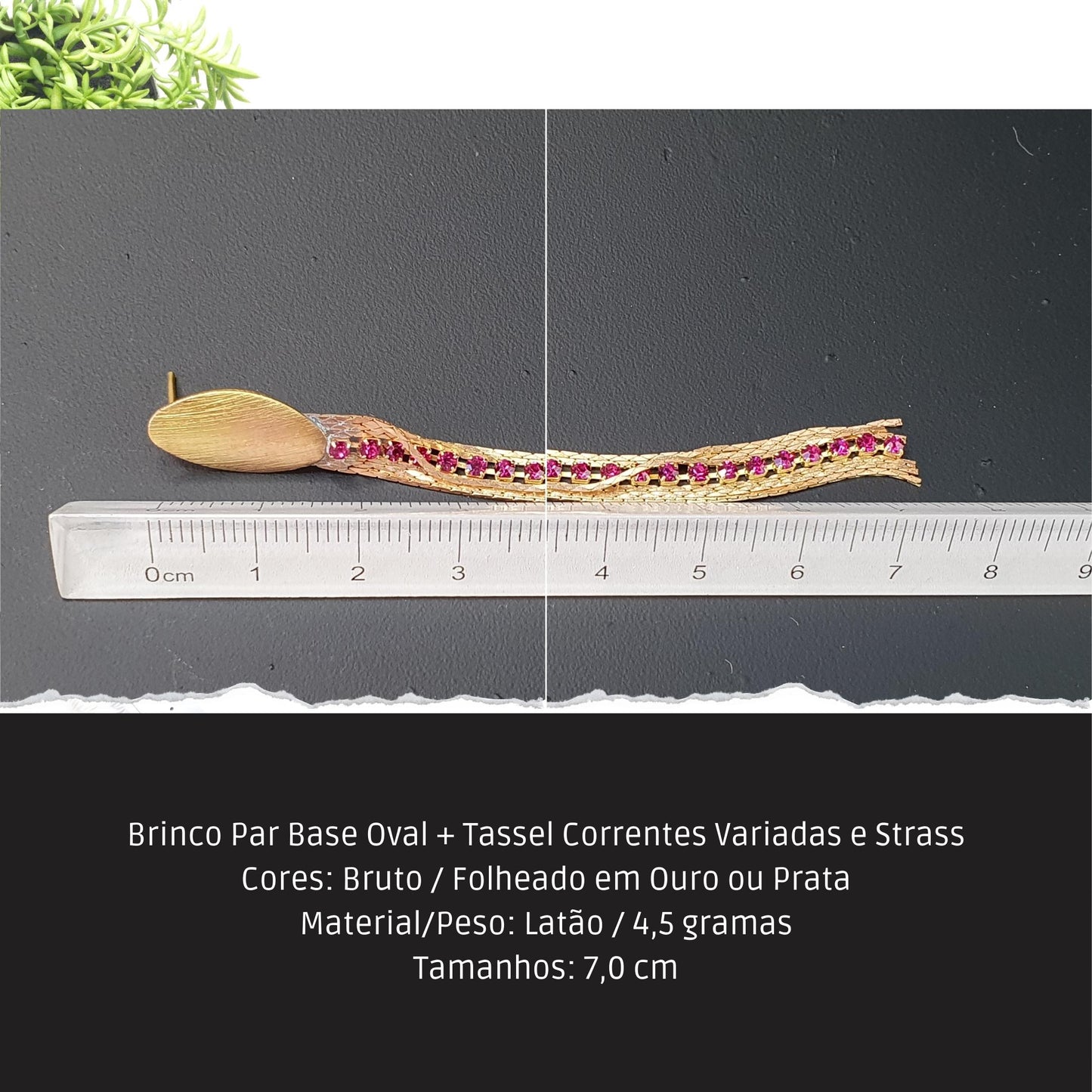 Brinco Par Base Oval + Tassel Correntes Variadas e Strass  - Código.: BR230032AIBR  - Peso.: 4.5 gr