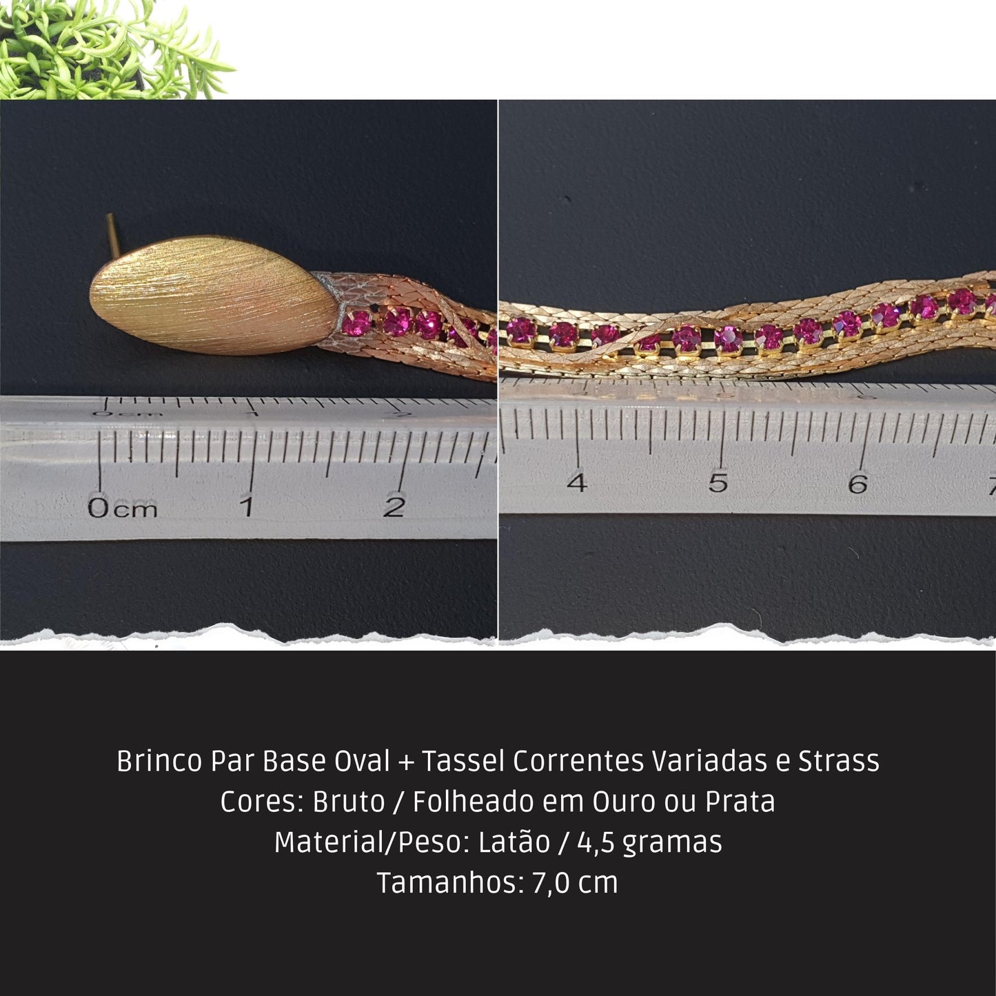 Brinco Par Base Oval + Tassel Correntes Variadas e Strass  - Código.: BR230032AIBR  - Peso.: 4.5 gr