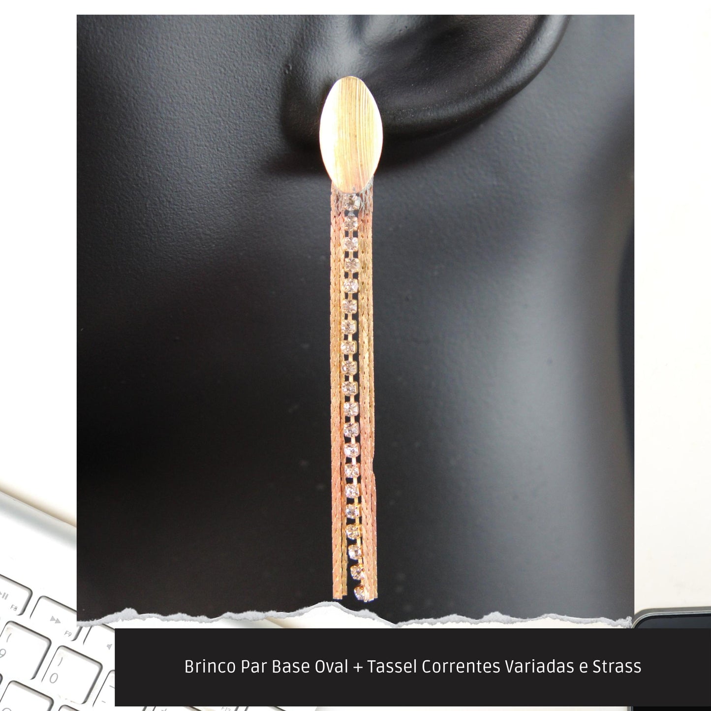Brinco Par Base Oval + Tassel Correntes Variadas e Strass  - Código.: BR230032AIBR  - Peso.: 4.5 gr