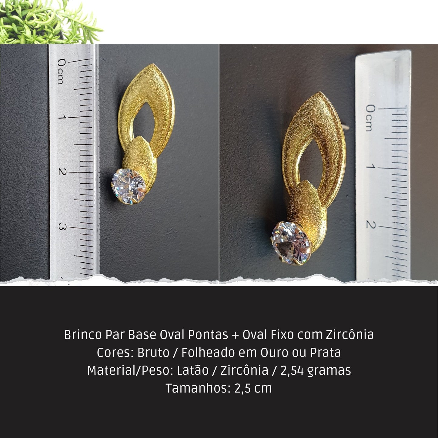 Brinco Par Base Oval Pontas + Oval Fixo com Zircônia  - Código.: BR230034AIBR  - Peso.: 2.5 gr