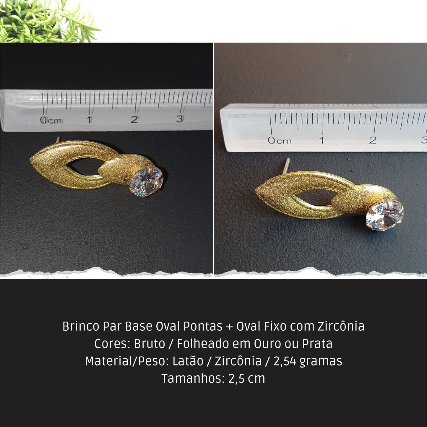 Brinco Par Base Oval Pontas + Oval Fixo com Zircônia  - Código.: BR230034AIBR  - Peso.: 2.5 gr