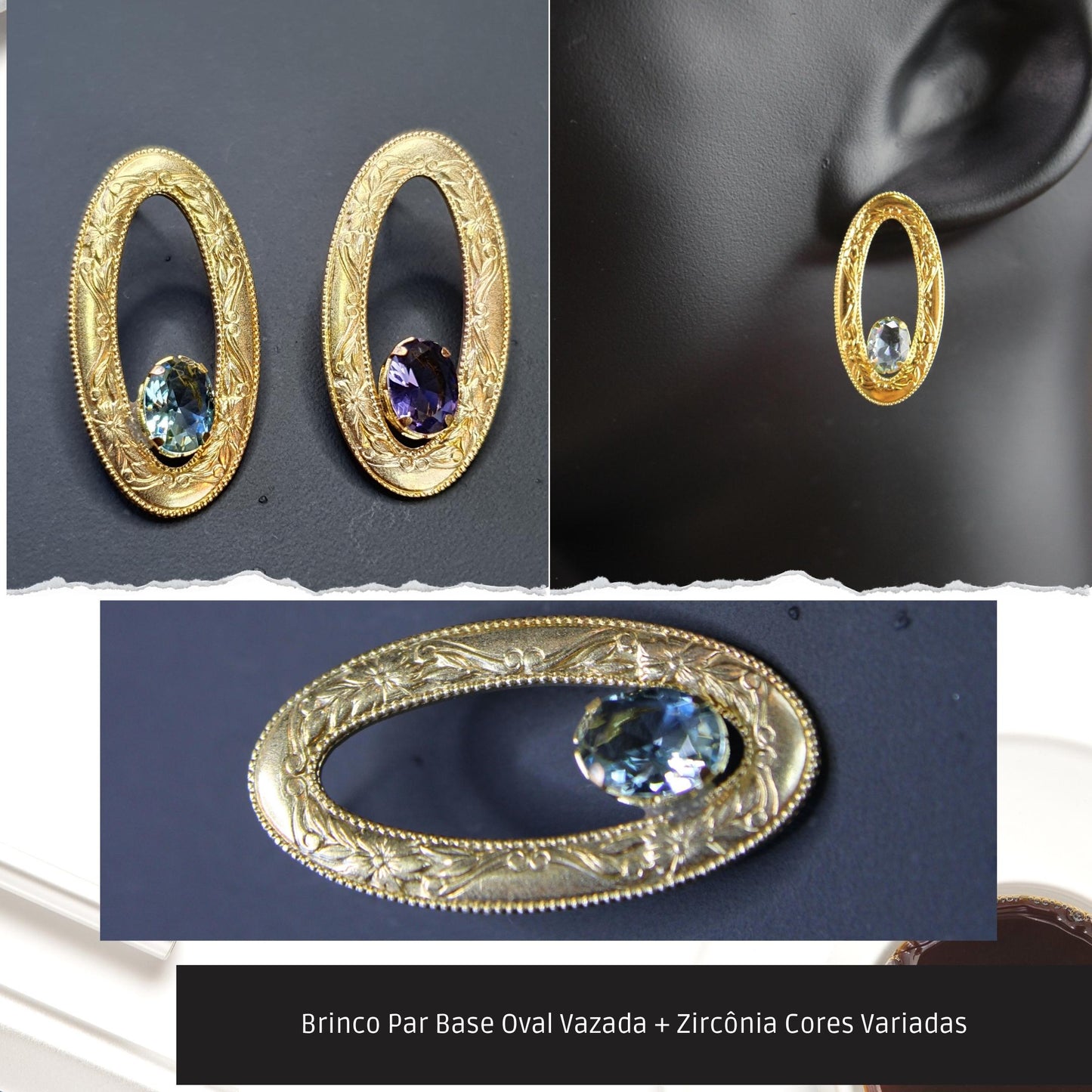 Brinco Par Base Oval Vazada + Zircônia Cores Variadas  - Código.: BR230035AIBR  - Peso.: 4.6 gr