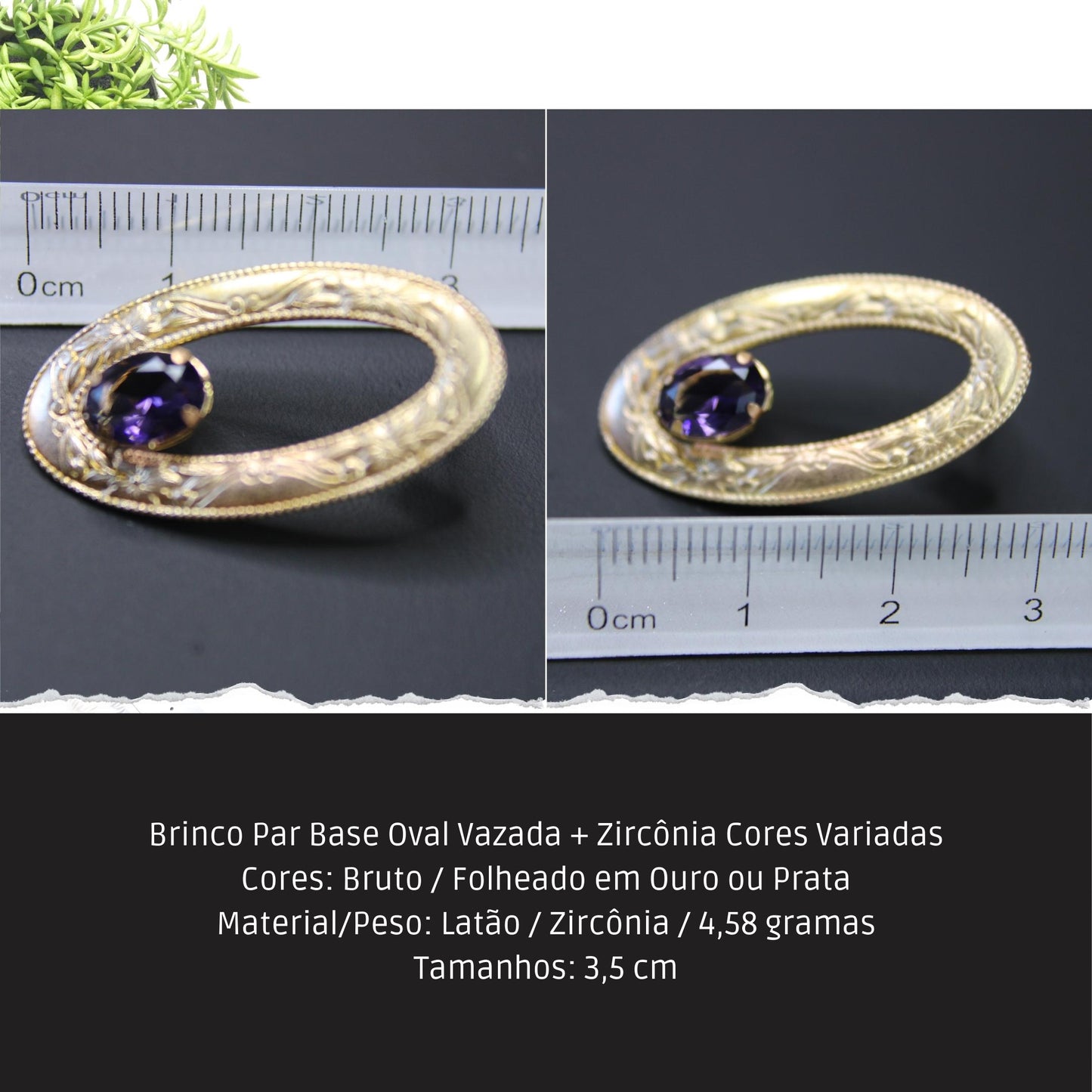 Brinco Par Base Oval Vazada + Zircônia Cores Variadas  - Código.: BR230035AIBR  - Peso.: 4.6 gr