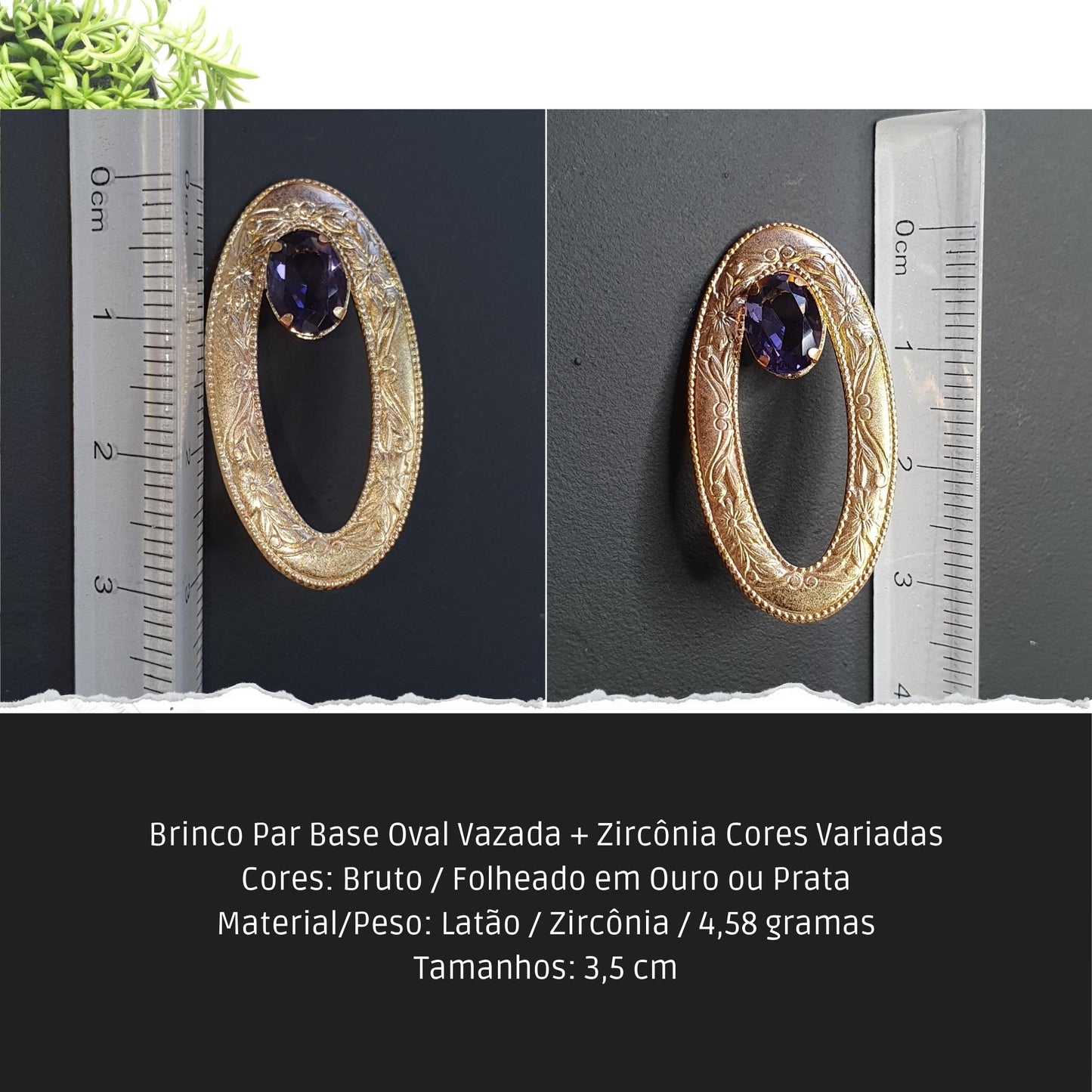 Brinco Par Base Oval Vazada + Zircônia Cores Variadas  - Código.: BR230035AIBR  - Peso.: 4.6 gr