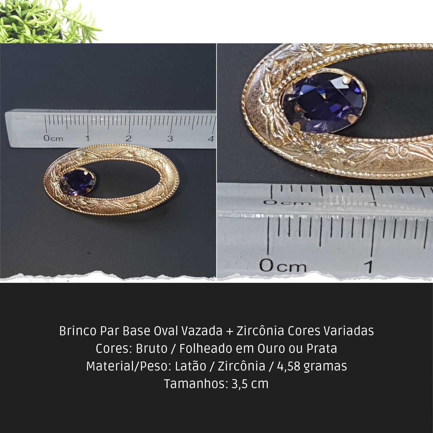 Brinco Par Base Oval Vazada + Zircônia Cores Variadas  - Código.: BR230035AIBR  - Peso.: 4.6 gr