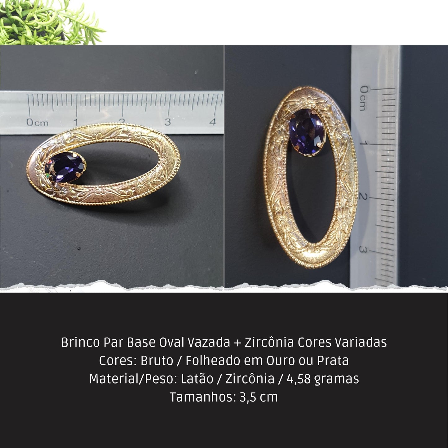 Brinco Par Base Oval Vazada + Zircônia Cores Variadas  - Código.: BR230035AIBR  - Peso.: 4.6 gr