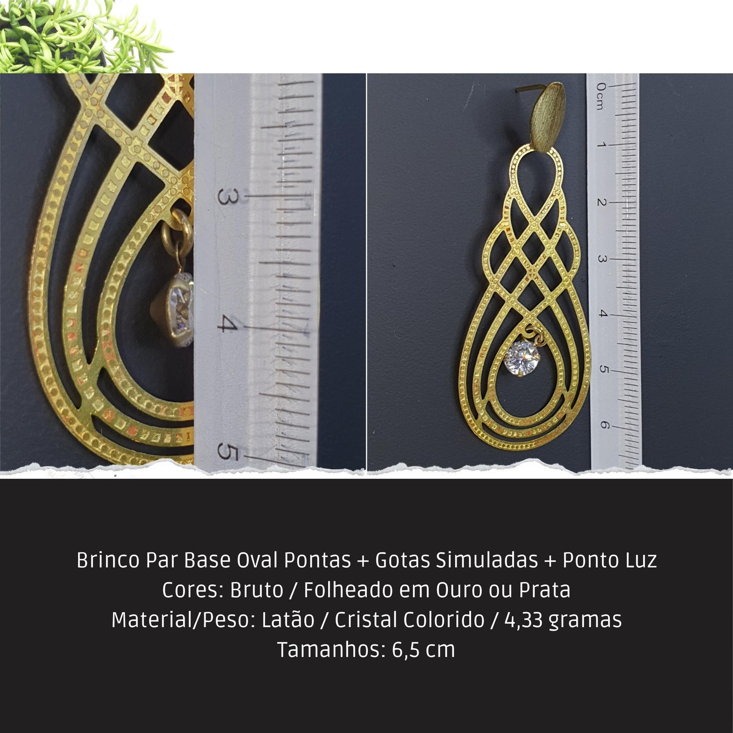 Brinco Par Base Oval Pontas + Gotas Simuladas + Ponto Luz  - Código.: BR230037AIBR  - Peso.: 4.3 gr