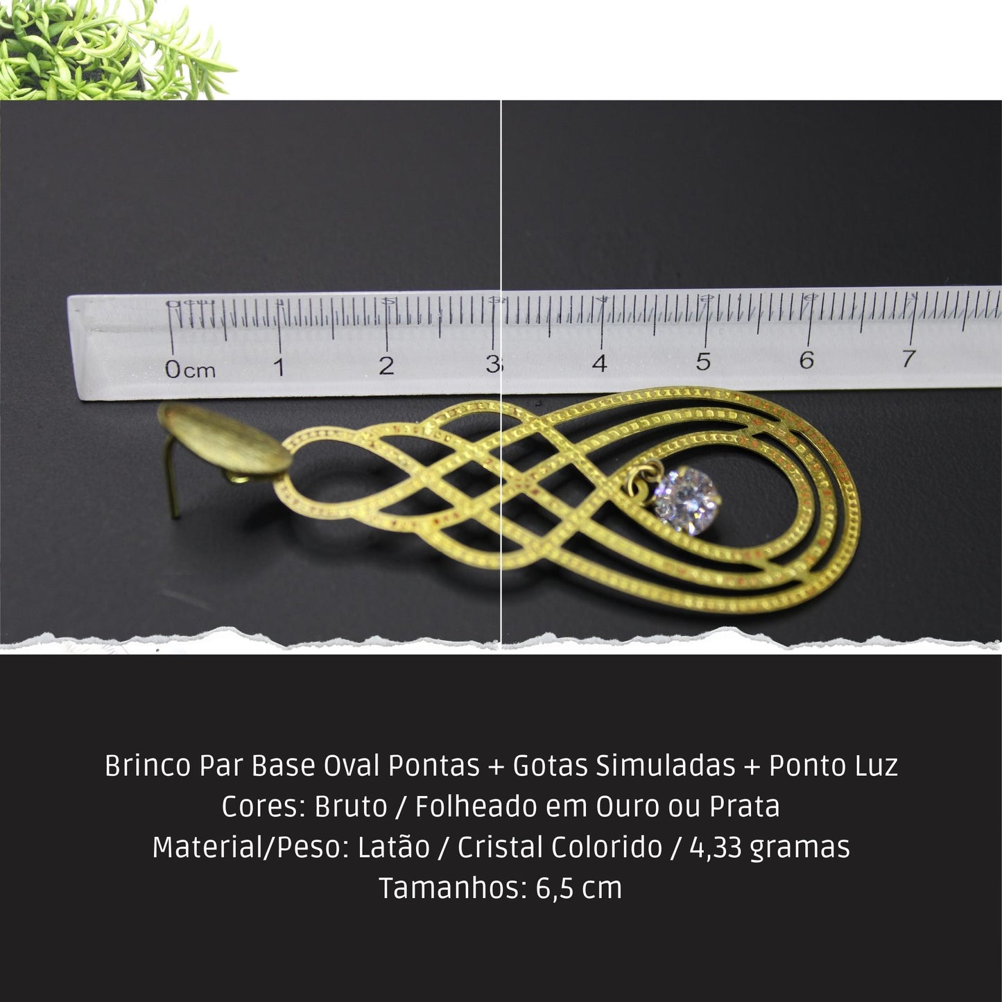 Brinco Par Base Oval Pontas + Gotas Simuladas + Ponto Luz  - Código.: BR230037AIBR  - Peso.: 4.3 gr