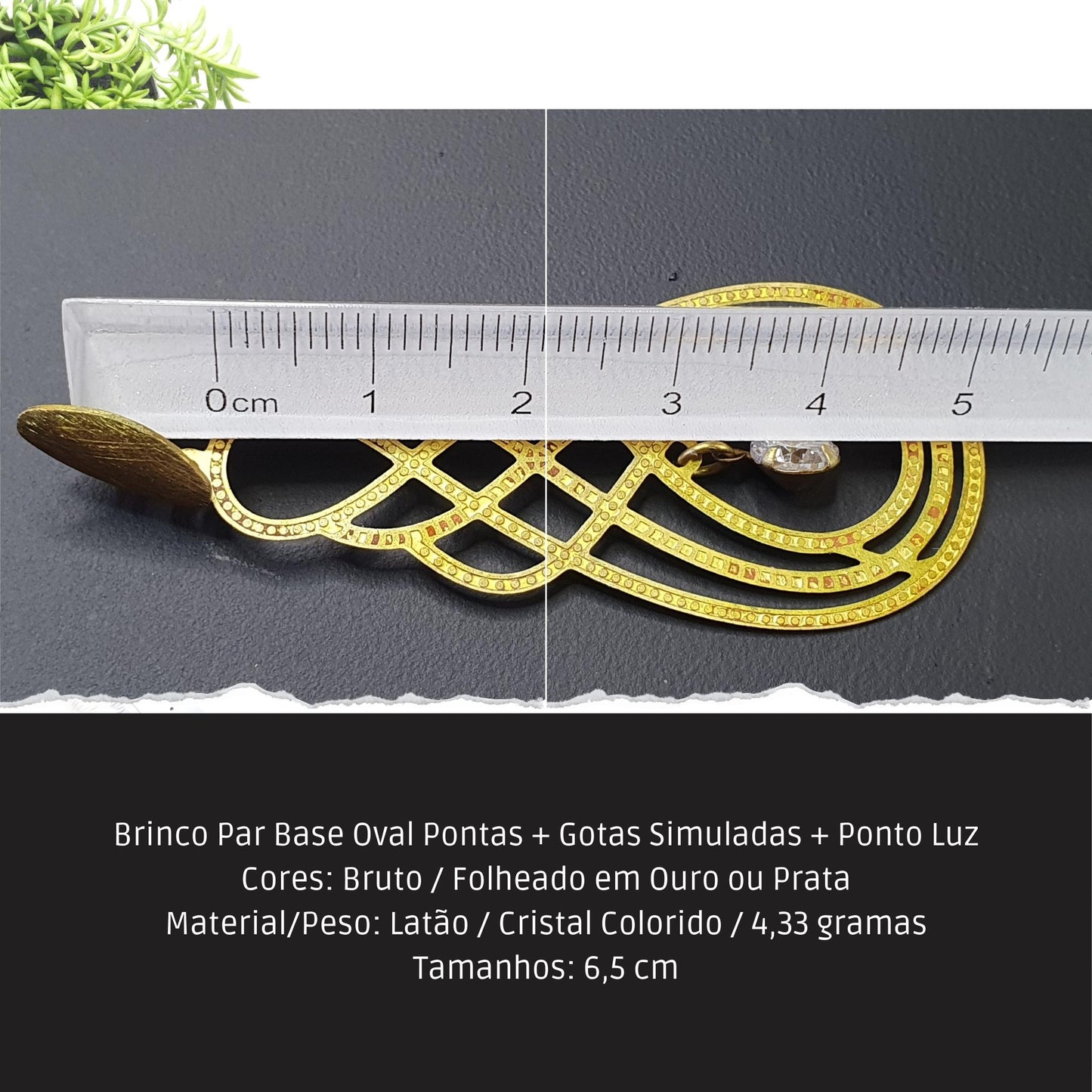 Brinco Par Base Oval Pontas + Gotas Simuladas + Ponto Luz  - Código.: BR230037AIBR  - Peso.: 4.3 gr