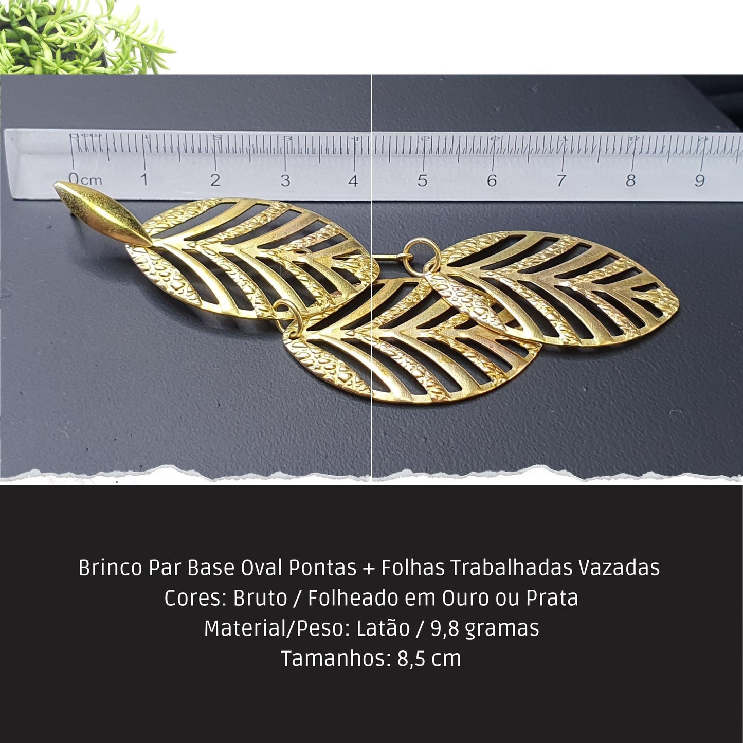 Brinco Par Base Oval Pontas + Folhas Trabalhadas Vazadas   - Código.: BR230038AIBR  - Peso.: 9.8 gr