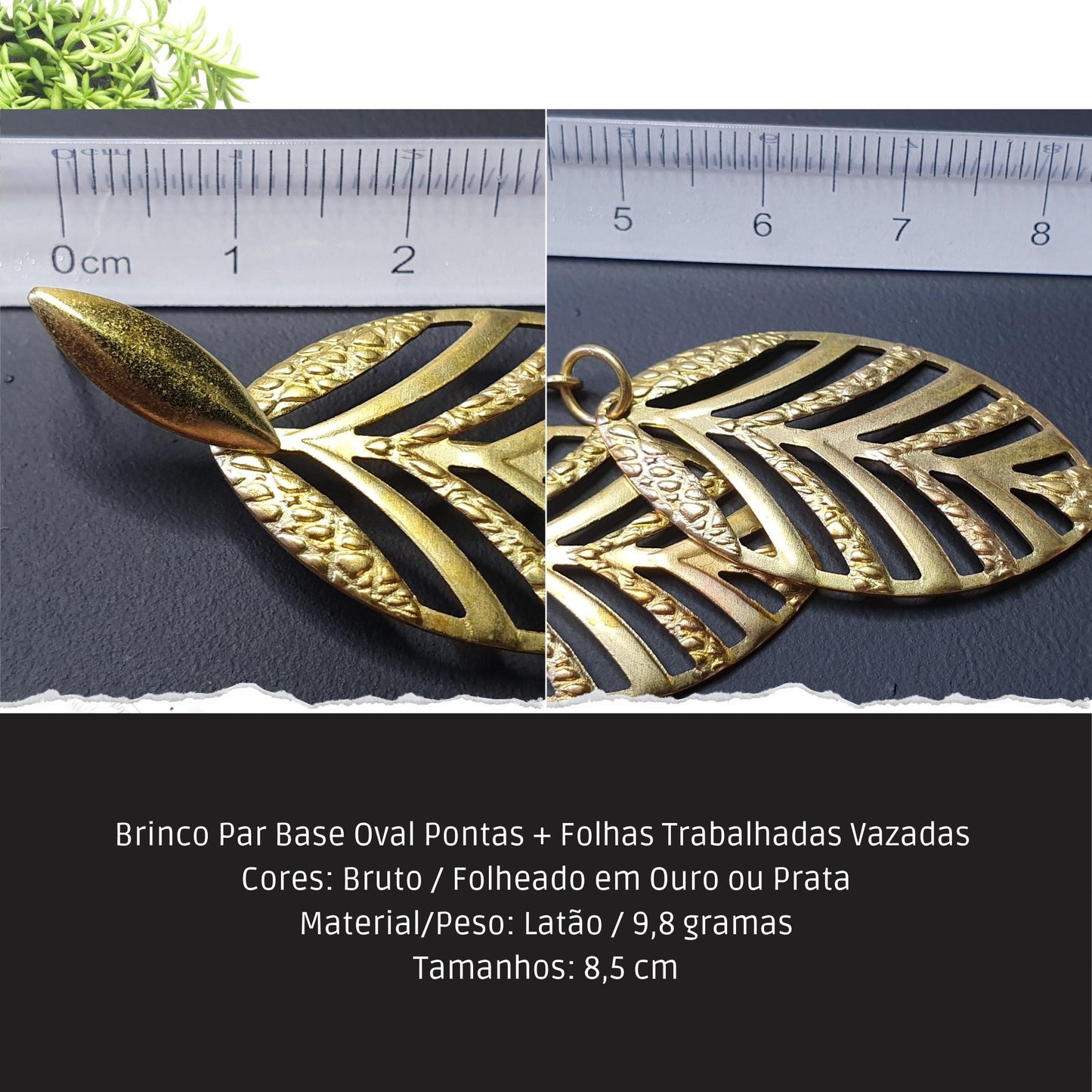 Brinco Par Base Oval Pontas + Folhas Trabalhadas Vazadas   - Código.: BR230038AIBR  - Peso.: 9.8 gr