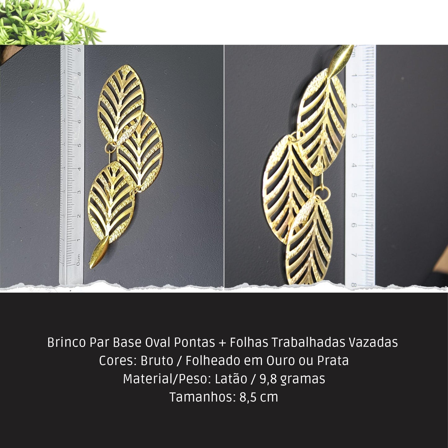 Brinco Par Base Oval Pontas + Folhas Trabalhadas Vazadas   - Código.: BR230038AIBR  - Peso.: 9.8 gr