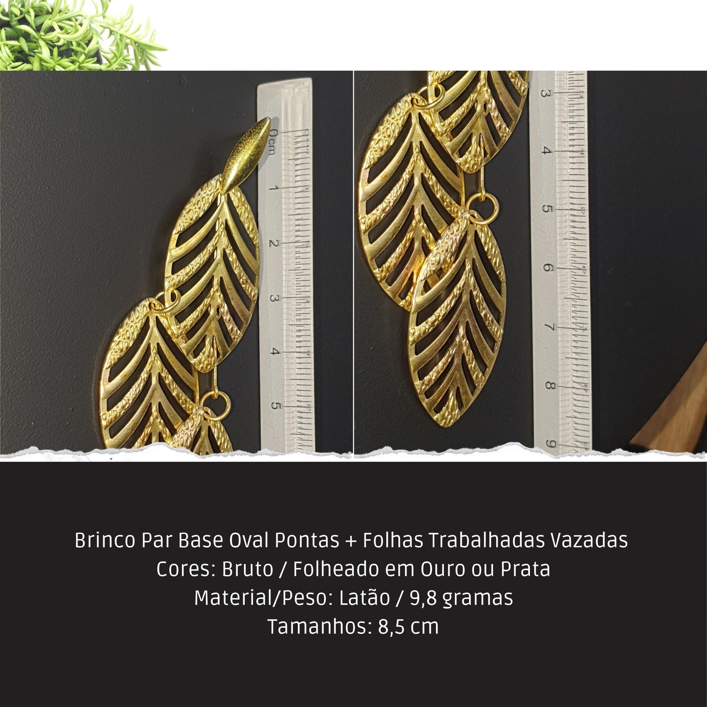 Brinco Par Base Oval Pontas + Folhas Trabalhadas Vazadas   - Código.: BR230038AIBR  - Peso.: 9.8 gr