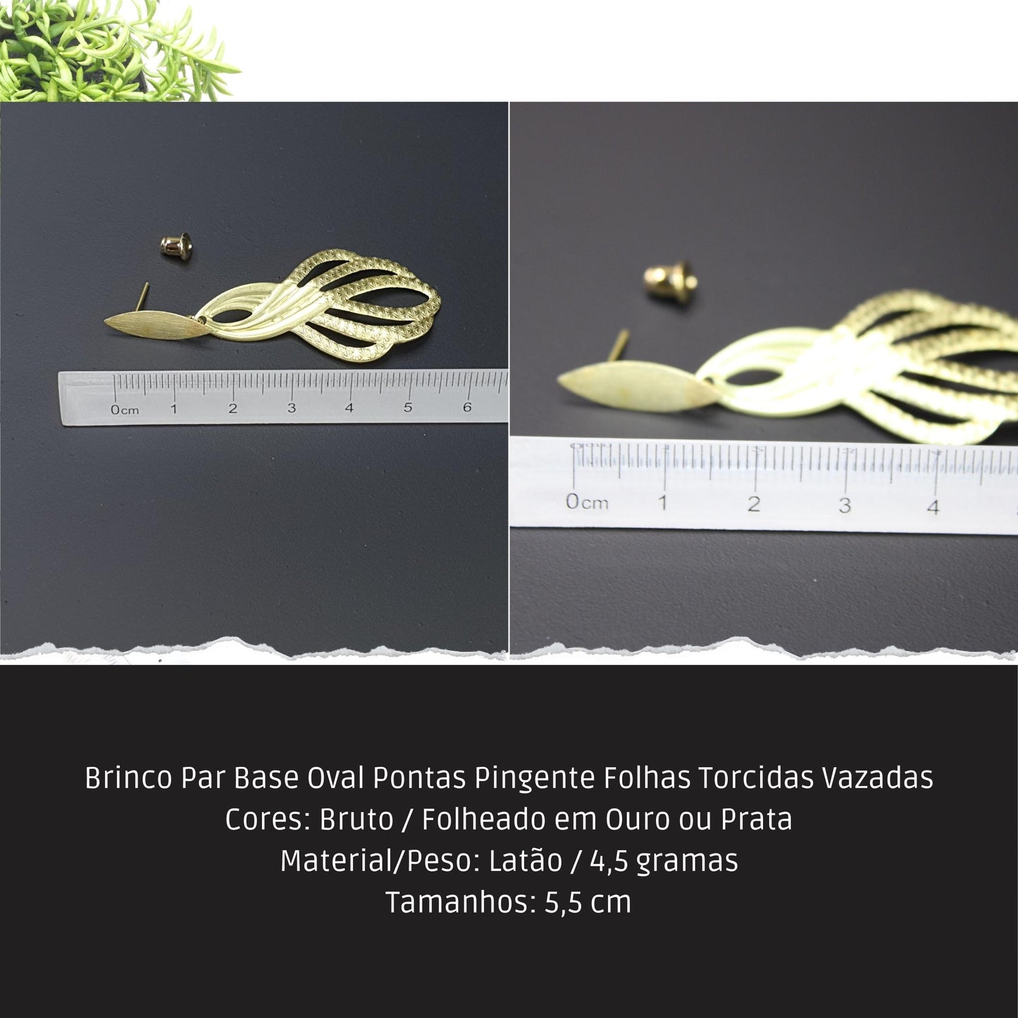 Brinco Par Base Oval Pontas Pingente Folhas Torcidas Vazadas  - Código.: BR230039AIBR  - Peso.: 4.5 gr