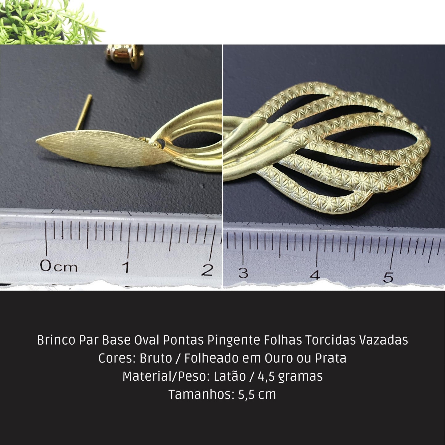 Brinco Par Base Oval Pontas Pingente Folhas Torcidas Vazadas  - Código.: BR230039AIBR  - Peso.: 4.5 gr