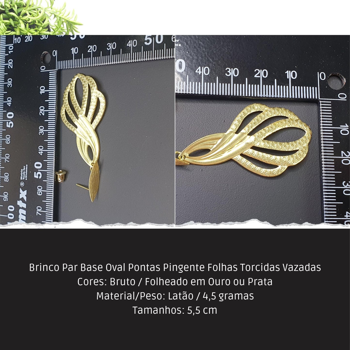 Brinco Par Base Oval Pontas Pingente Folhas Torcidas Vazadas  - Código.: BR230039AIBR  - Peso.: 4.5 gr
