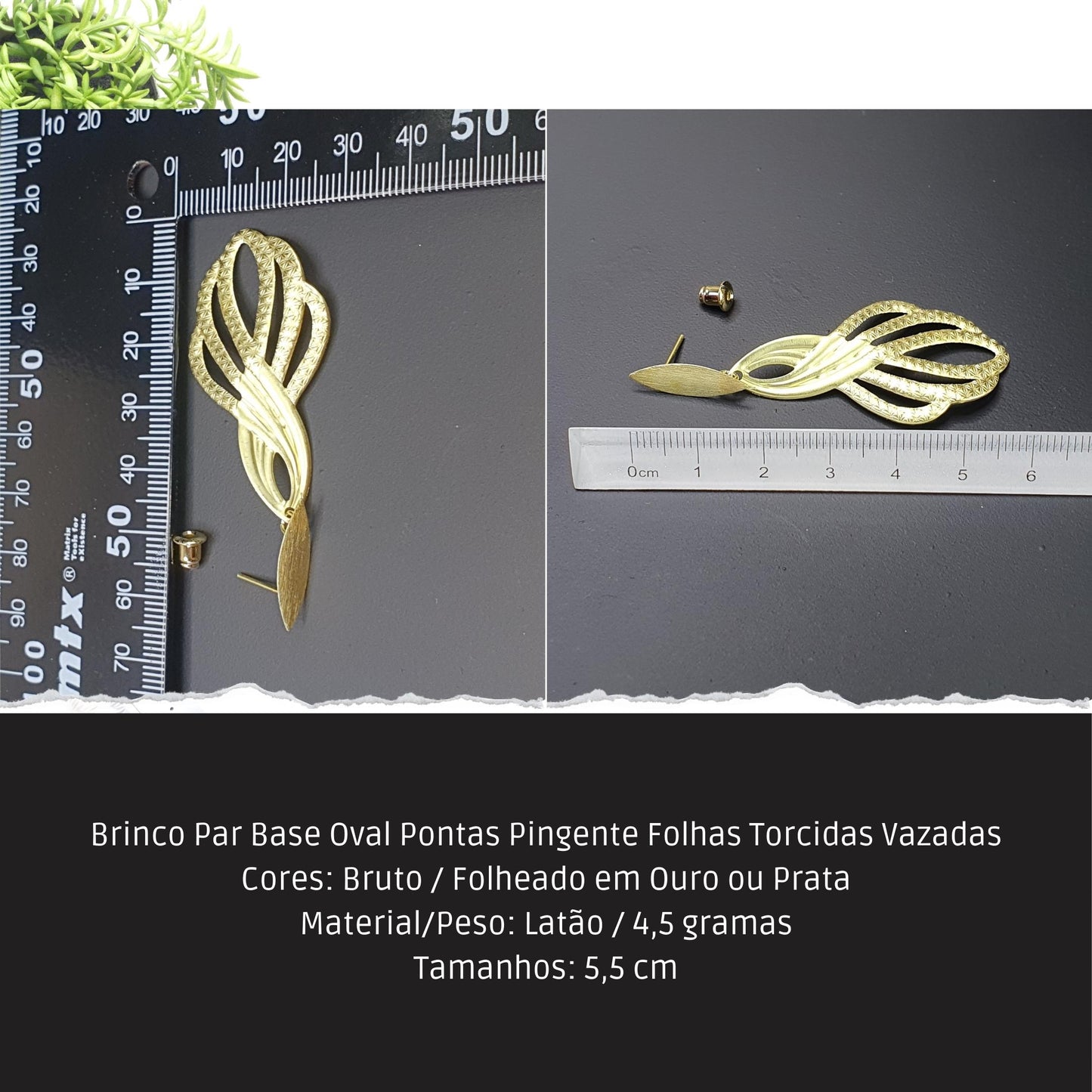 Brinco Par Base Oval Pontas Pingente Folhas Torcidas Vazadas  - Código.: BR230039AIBR  - Peso.: 4.5 gr