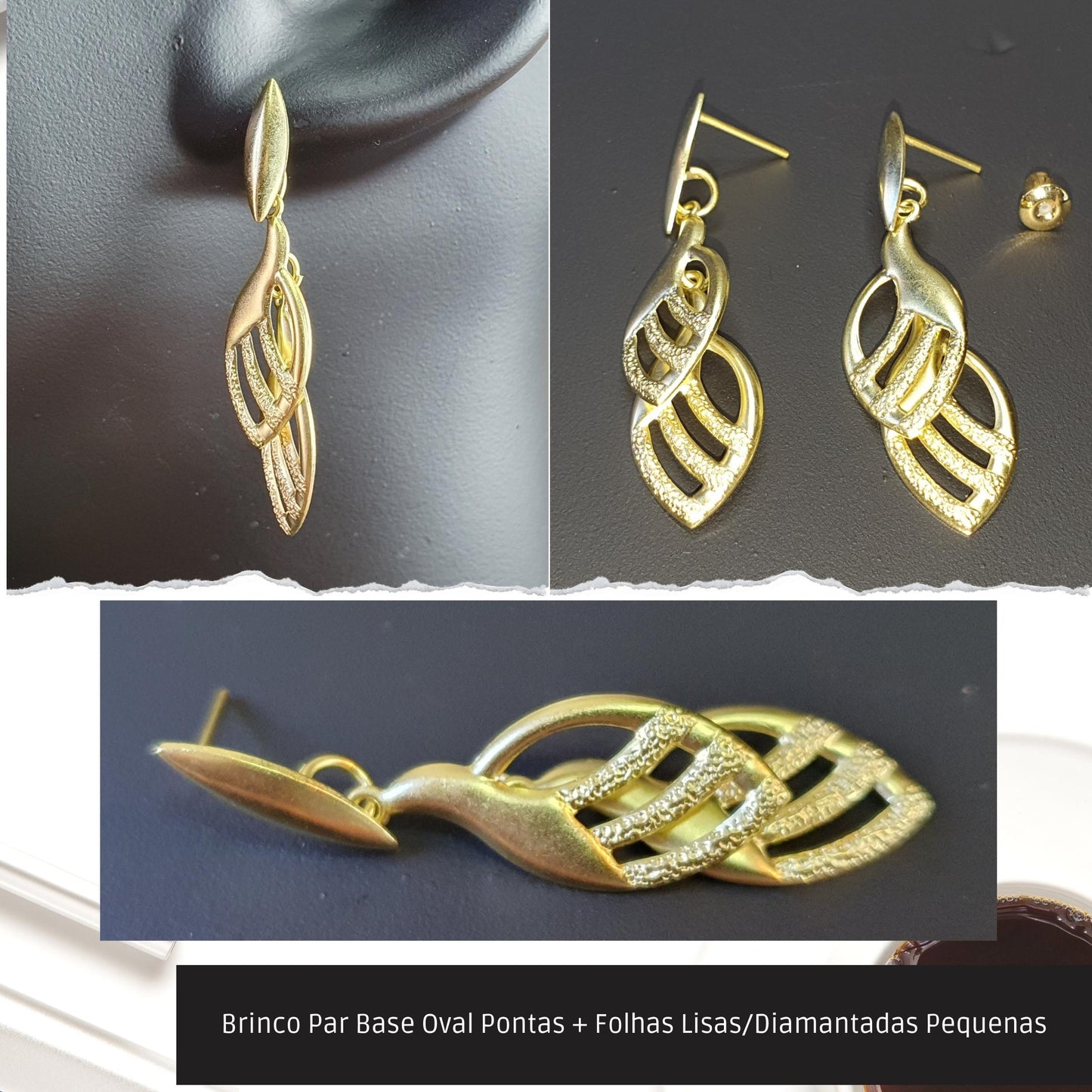 Brinco Par Base Oval Pontas + Folhas Lisas/Diamantadas Pequenas  - Código.: BR230040AIBR  - Peso.: 2.9 gr