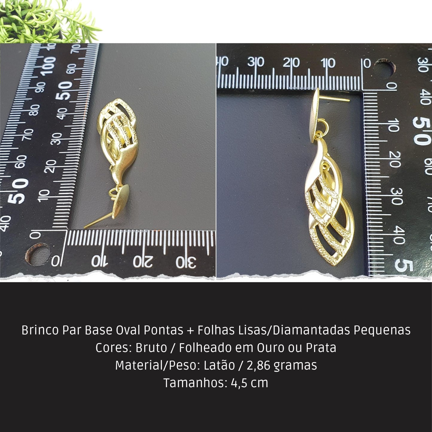 Brinco Par Base Oval Pontas + Folhas Lisas/Diamantadas Pequenas  - Código.: BR230040AIBR  - Peso.: 2.9 gr