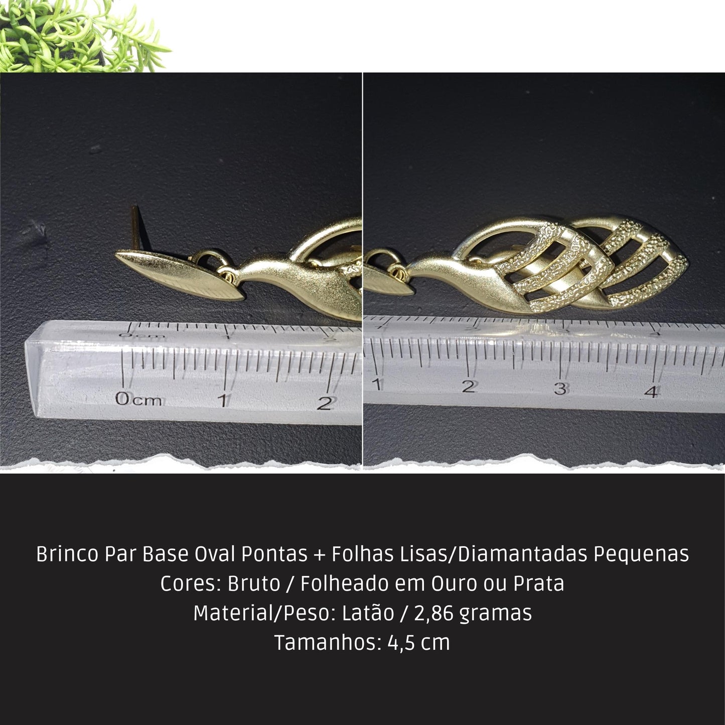 Brinco Par Base Oval Pontas + Folhas Lisas/Diamantadas Pequenas  - Código.: BR230040AIBR  - Peso.: 2.9 gr